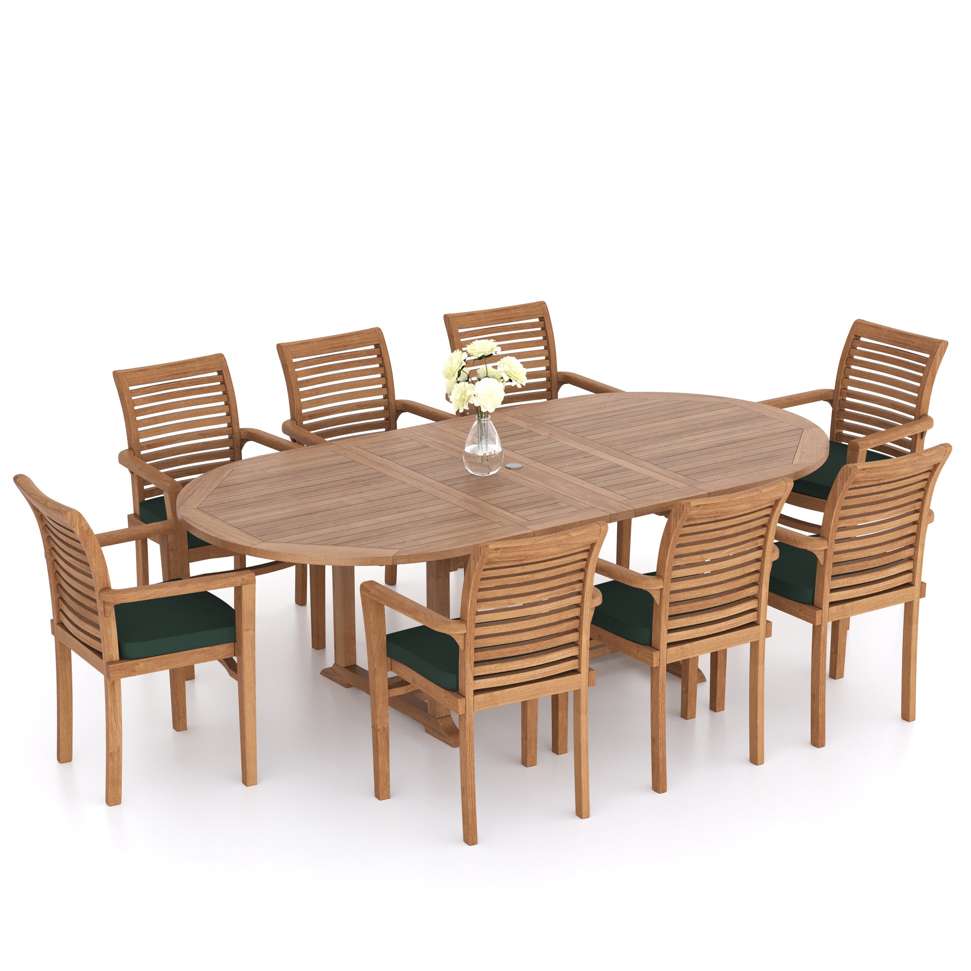 180-240cm oval extending teak table with 8 stacking chairs and cushions 
