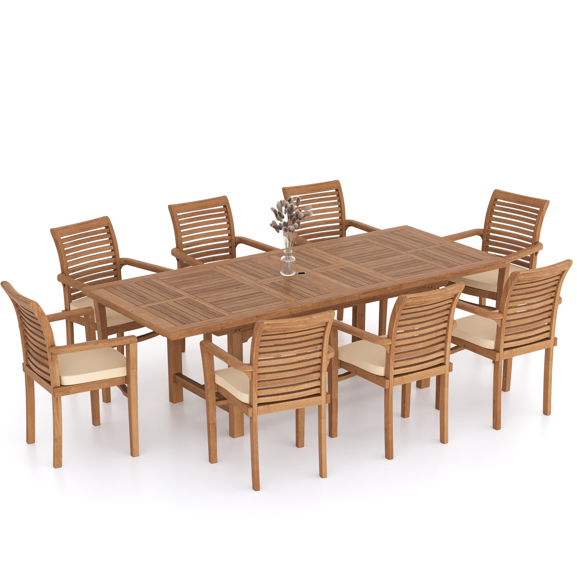 Side view of Florence Teak Rectangle 180-240cm Extending Table 4cm Top with 8 Oxford Stacking Chairs