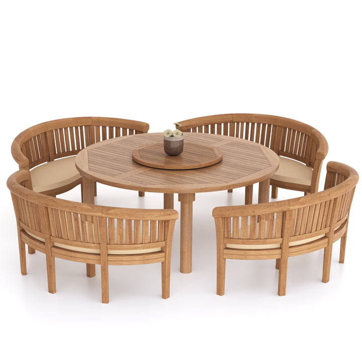 Palamos Teak Set 180cm Maximus Round Table (4 San Francisco Benches Complete Set) Cushions included.