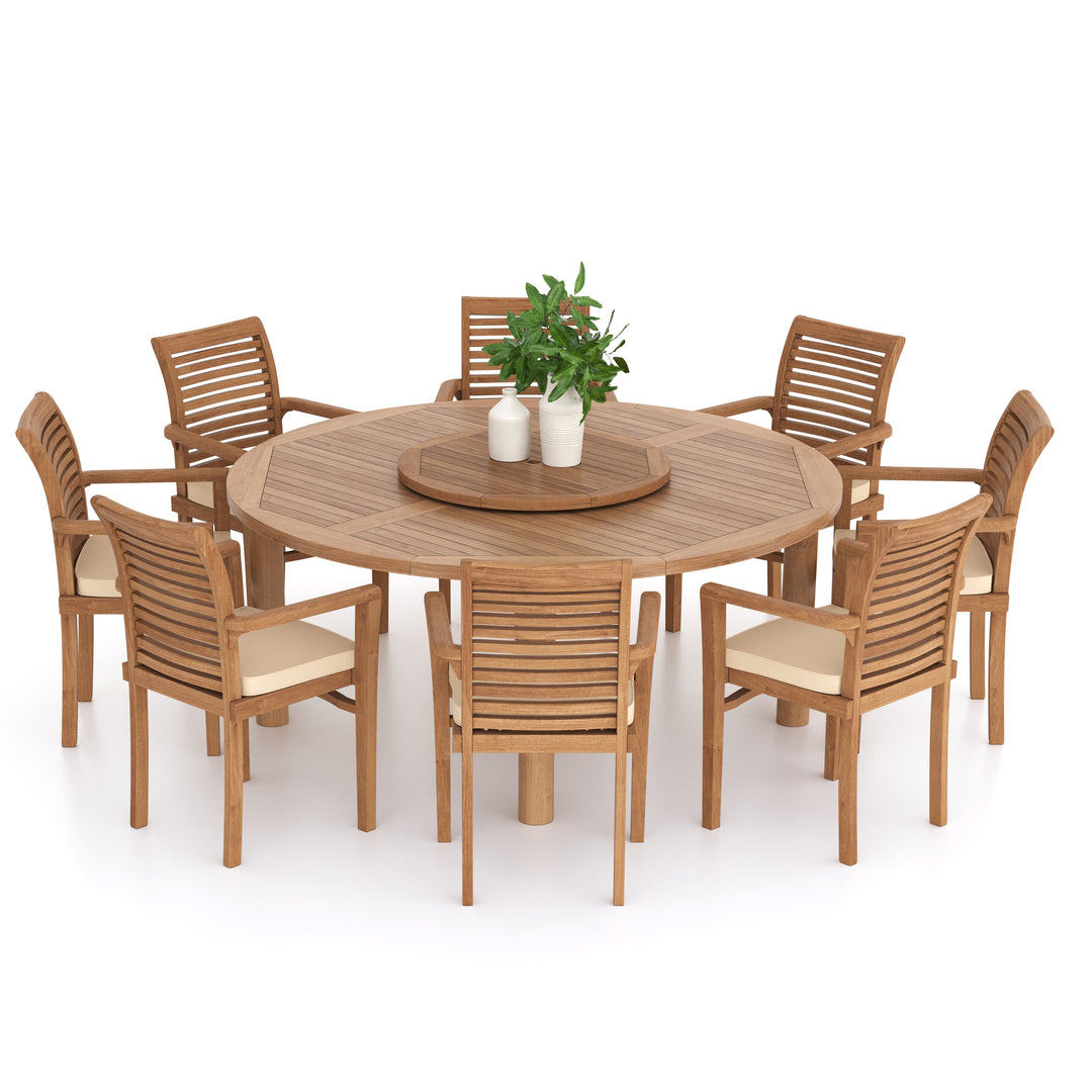 Verona Teak Set 180cm Maximus Round Table 4cm Top (8 Oxford Stacking Chairs) Cushions included.