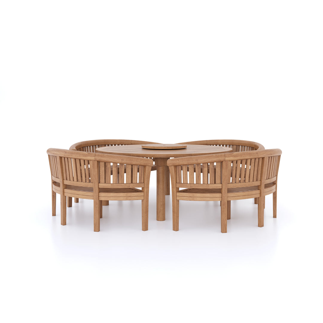 This is Eterna Homes sustainable teak garden furniture outdoor dining set consisting of our 180cm teak dining table, teak chairs and cushions. All of our teak wood is suitable for outdoor dining.