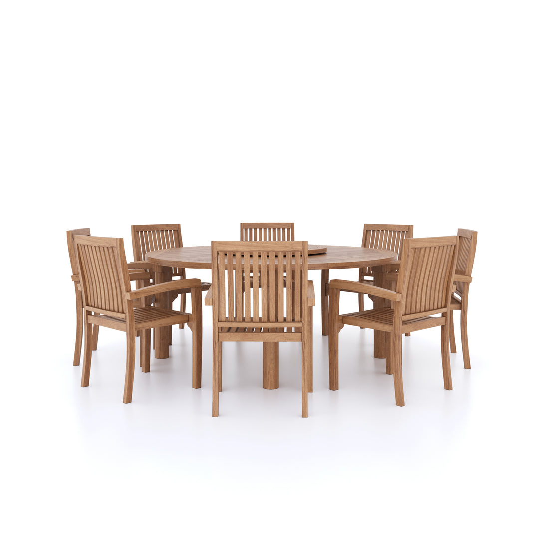 This is Eterna Homes sustainable teak garden furniture outdoor dining set consisting of our 180cm teak dining table, teak chairs and cushions. All of our teak wood is suitable for outdoor dining. 