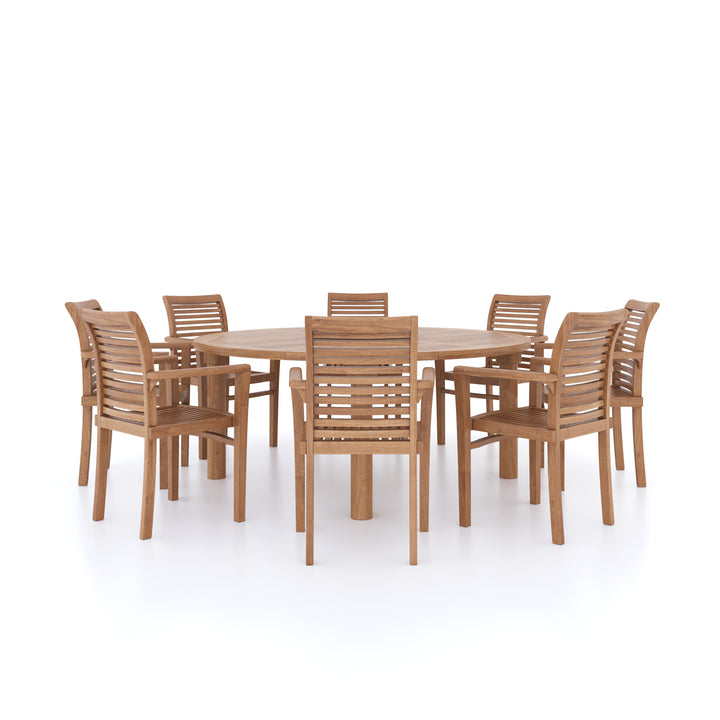 This is Eterna Homes sustainable teak garden furniture outdoor dining set consisting of our 180cm teak dining table, teak chairs and cushions. All of our teak wood is suitable for outdoor dining.