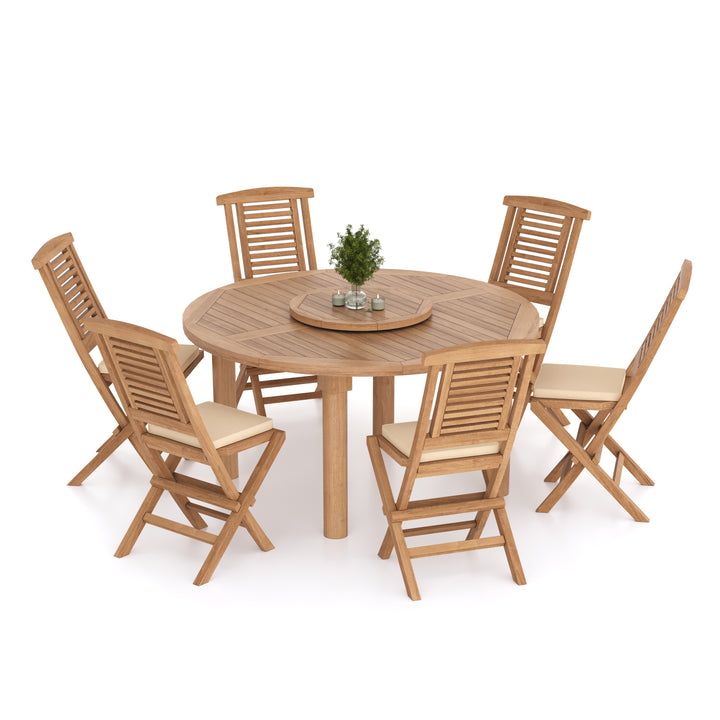 Altea Teak Set 150cm Maximus Round Table with 6 Hampton Folding Chairs (Cushions Included)