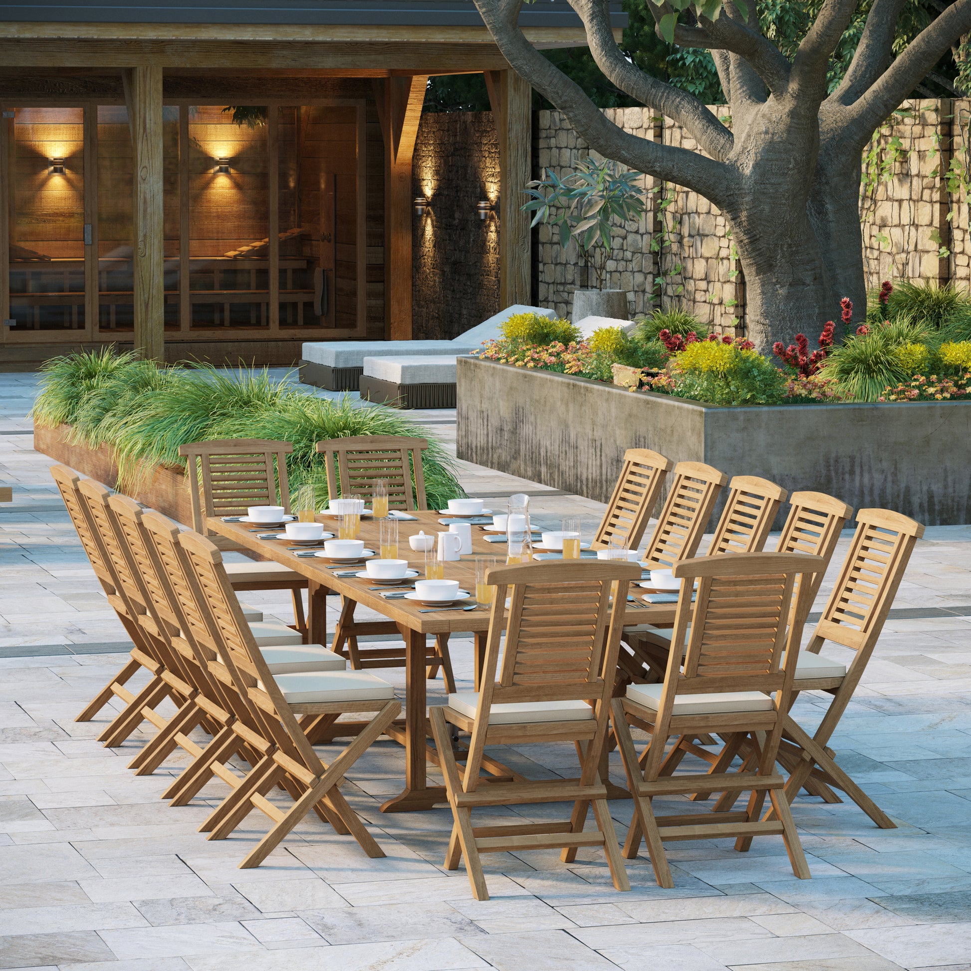 Helsinki Huge Teak Set 200-300cm Rectangle Extending Table 4cm Top (14 Hampton Folding Chairs) Cushions included.