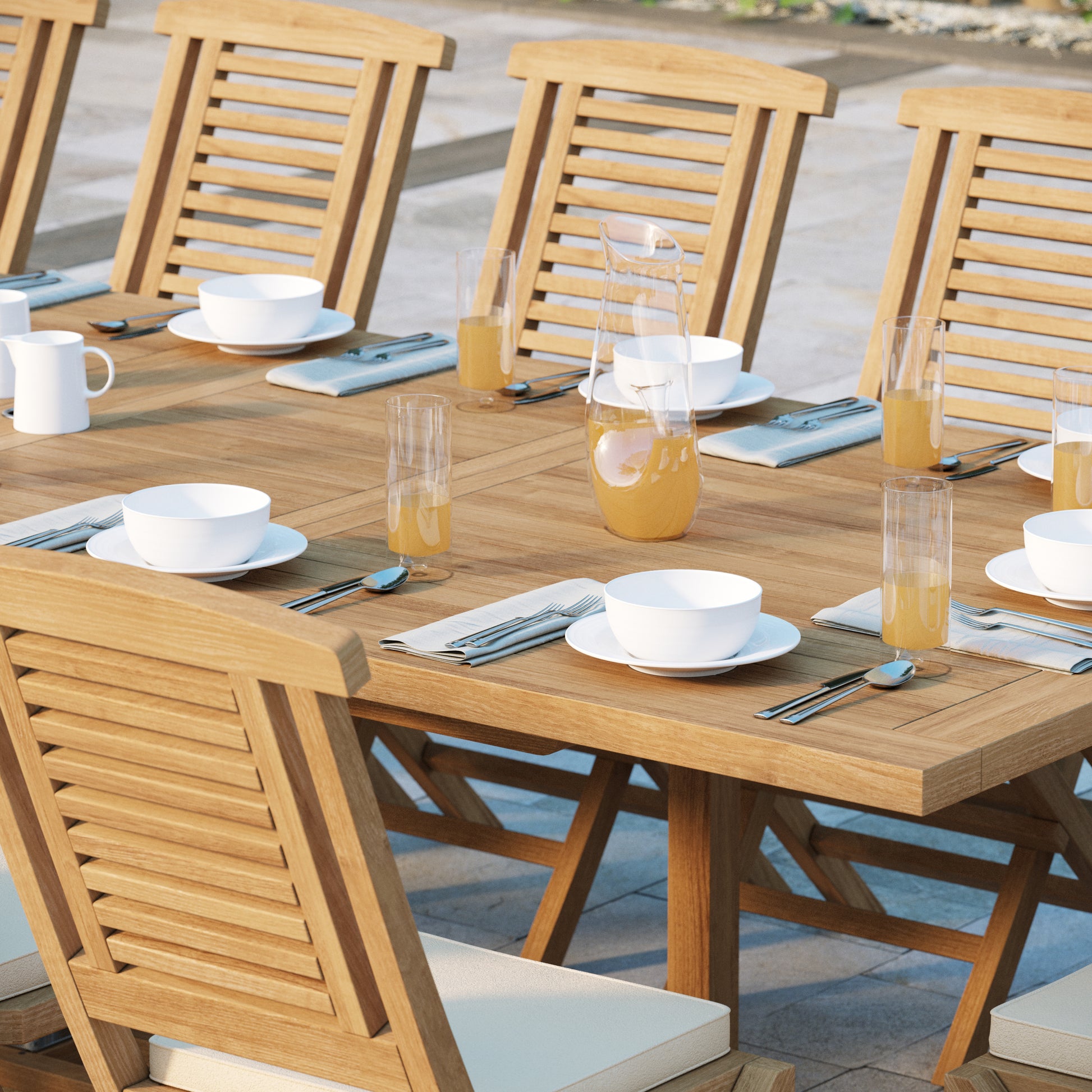 Helsinki Huge Teak Set 200-300cm Rectangle Extending Table 4cm Top (14 Hampton Folding Chairs) Cushions included.