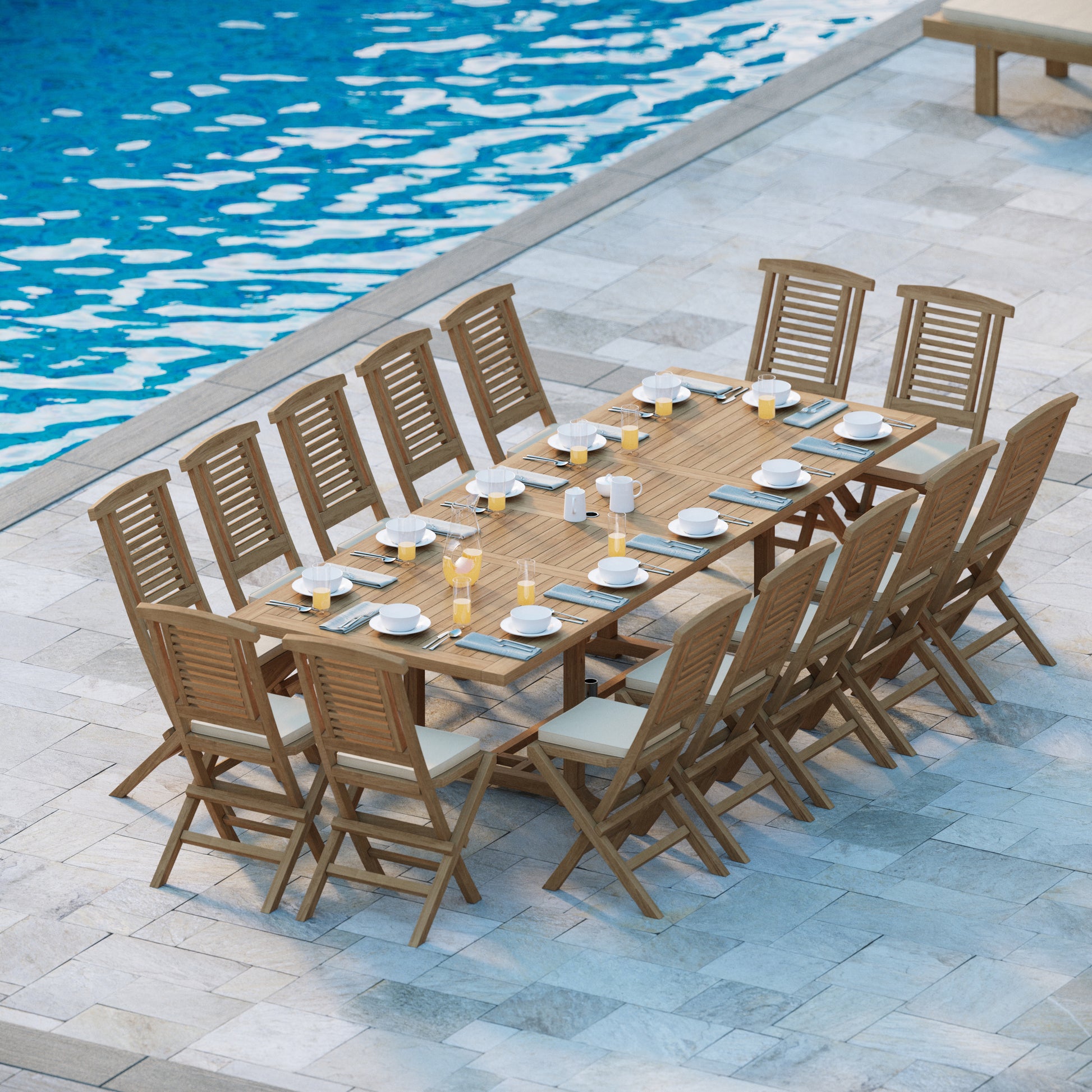 Helsinki Huge Teak Set 200-300cm Rectangle Extending Table 4cm Top (14 Hampton Folding Chairs) Cushions included.