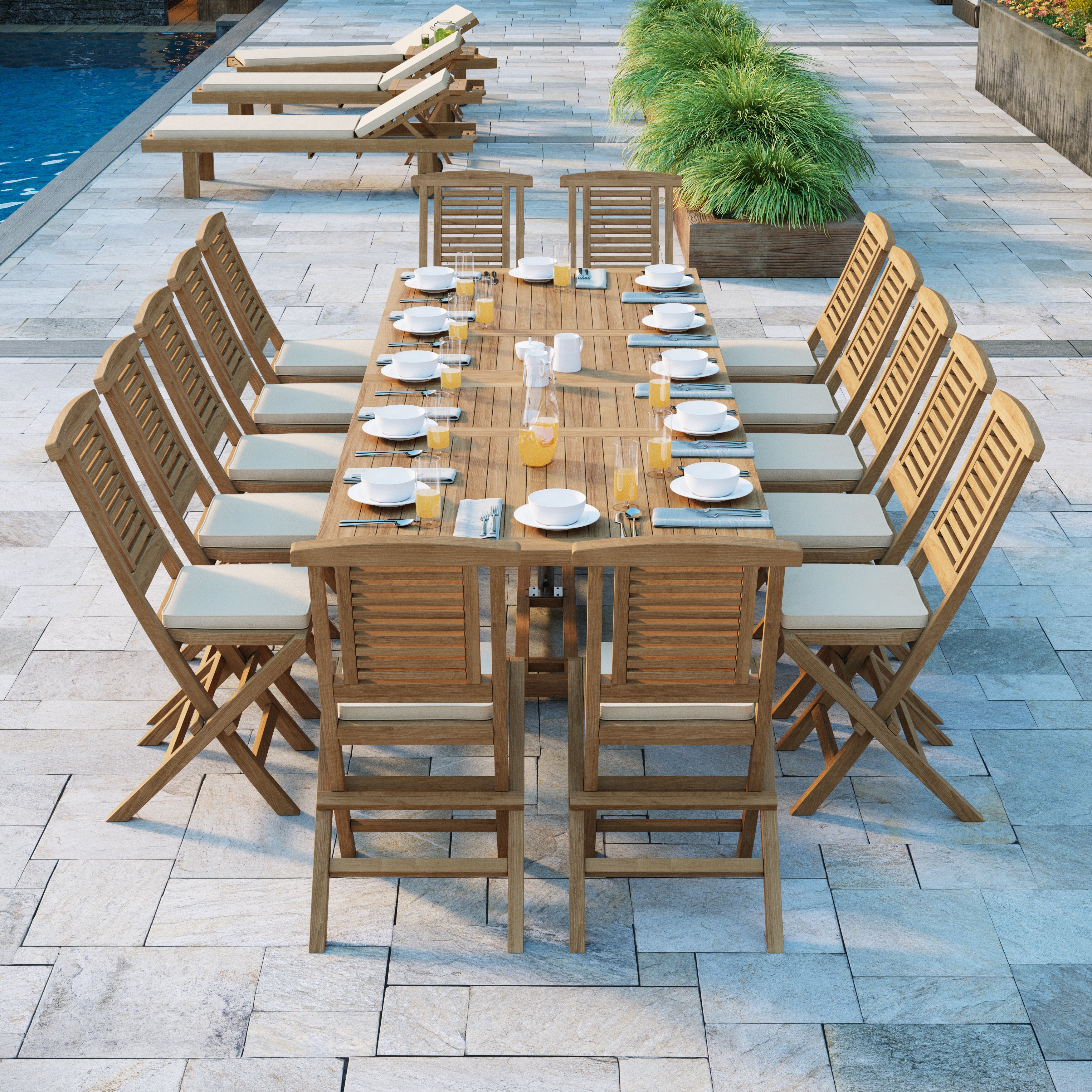 Helsinki Huge Teak Set 200-300cm Rectangle Extending Table 4cm Top (14 Hampton Folding Chairs) Cushions included.