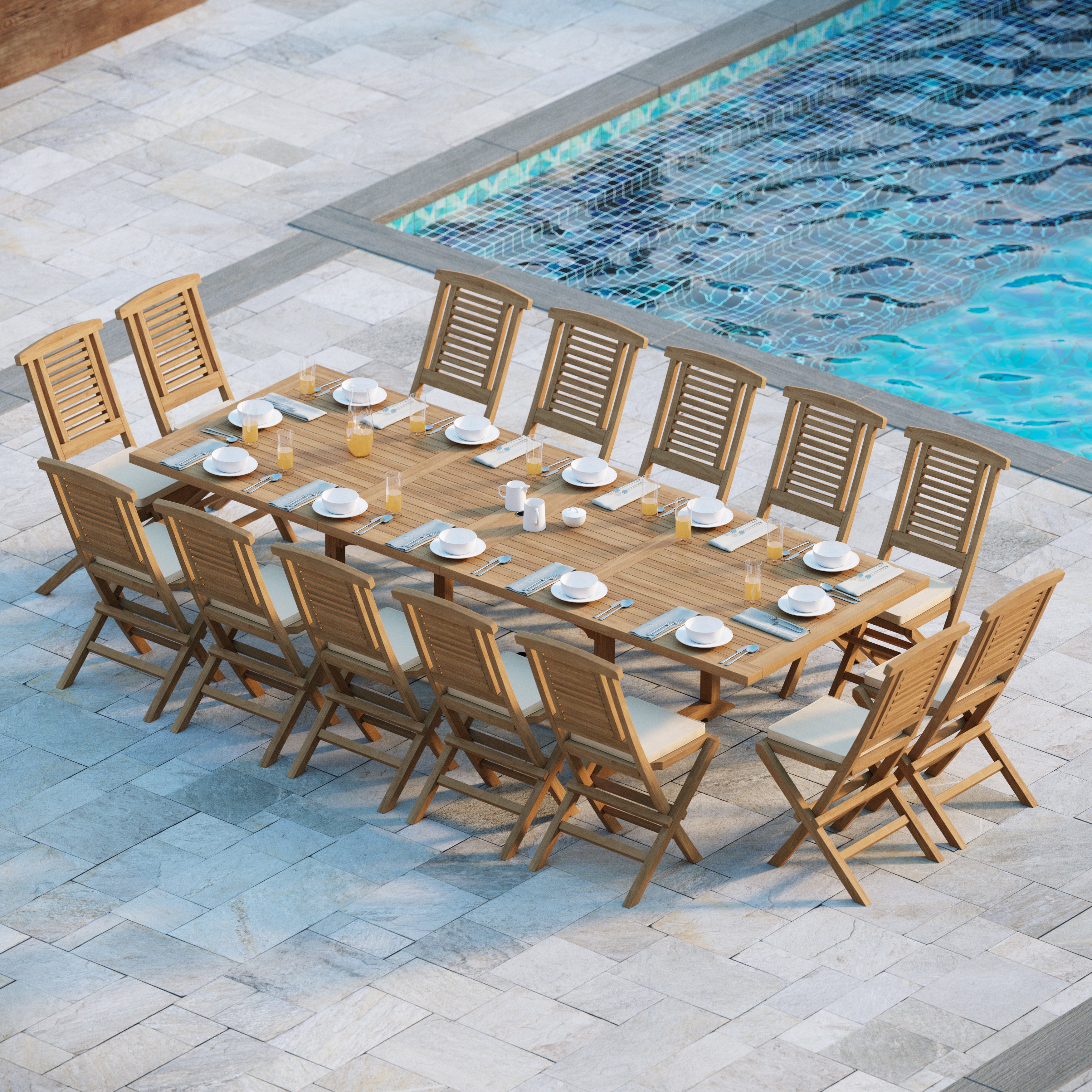 Helsinki Huge Teak Set 200-300cm Rectangle Extending Table 4cm Top (14 Hampton Folding Chairs) Cushions included.