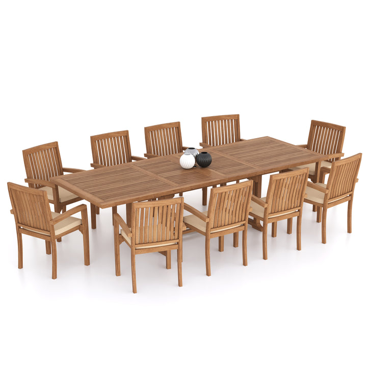 Prague Teak Set 200-300cm Rectangle Extending Table 4cm Top (10 Henley Stacking Chairs) Cushions included.