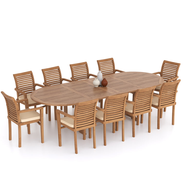 Algarve Teak 2-3m Oval Extending Table 4cm Top (10 Oxford Stacking Chairs) Cushions included.