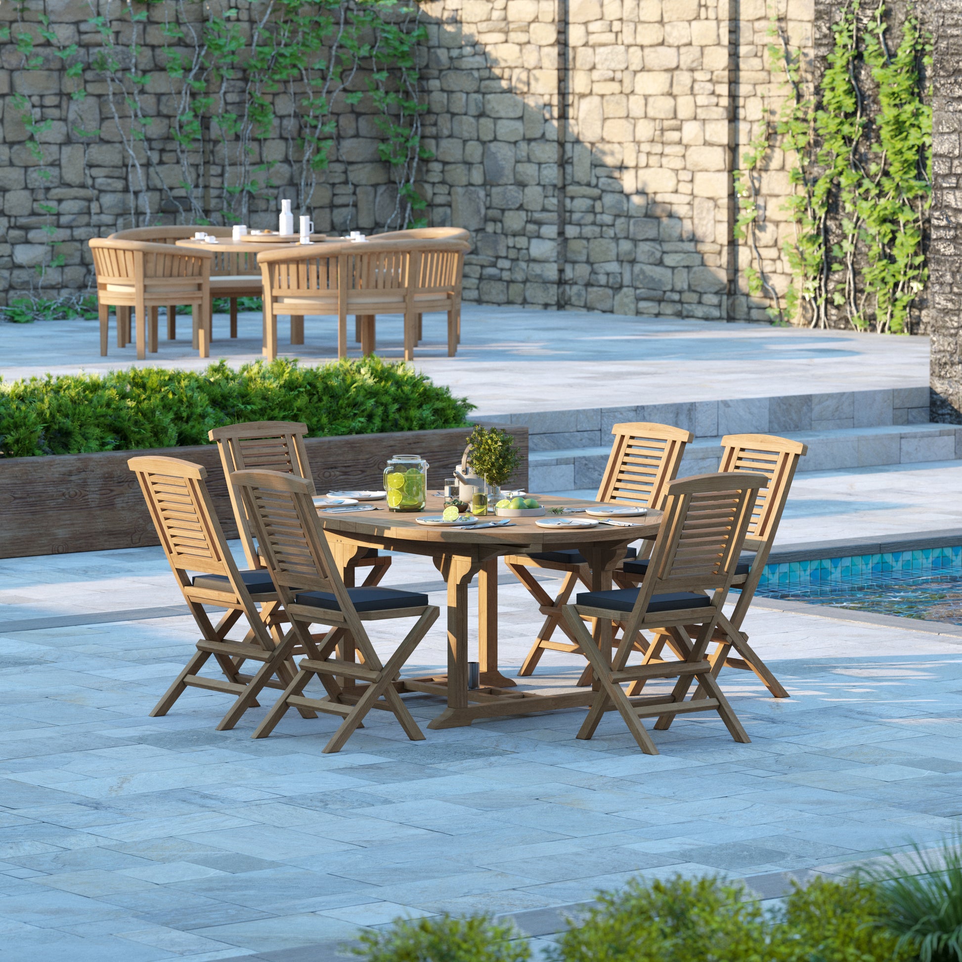 Bruges Teak Round To Oval 120-170cm Extending Table 4cm Top (6 folding Hampton Chairs) cushions included.