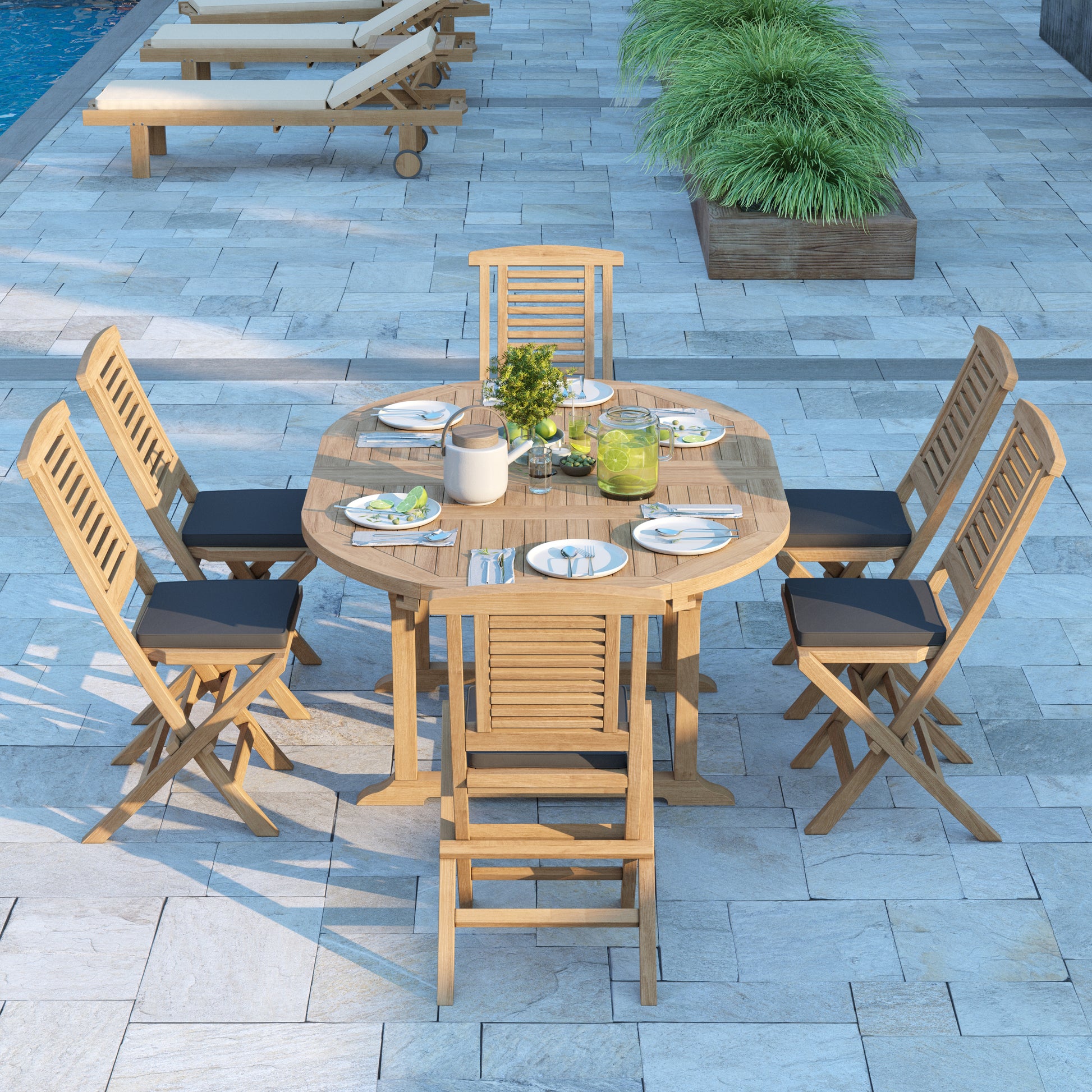 Teak Round To Oval 120-170cm Extending Table 4cm Top (6 folding Hampton Chairs