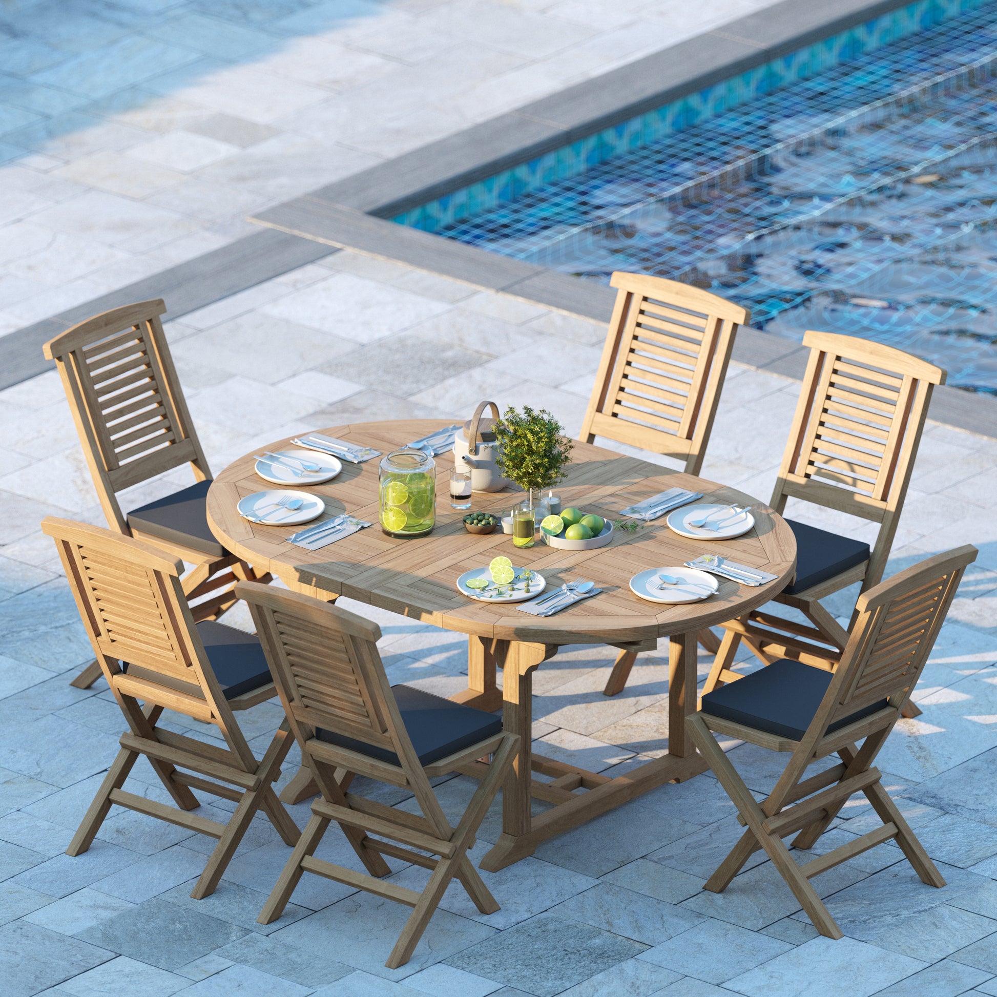 Teak Round To Oval 120-170cm Extending Table 4cm Top (6 folding Hampton Chairs