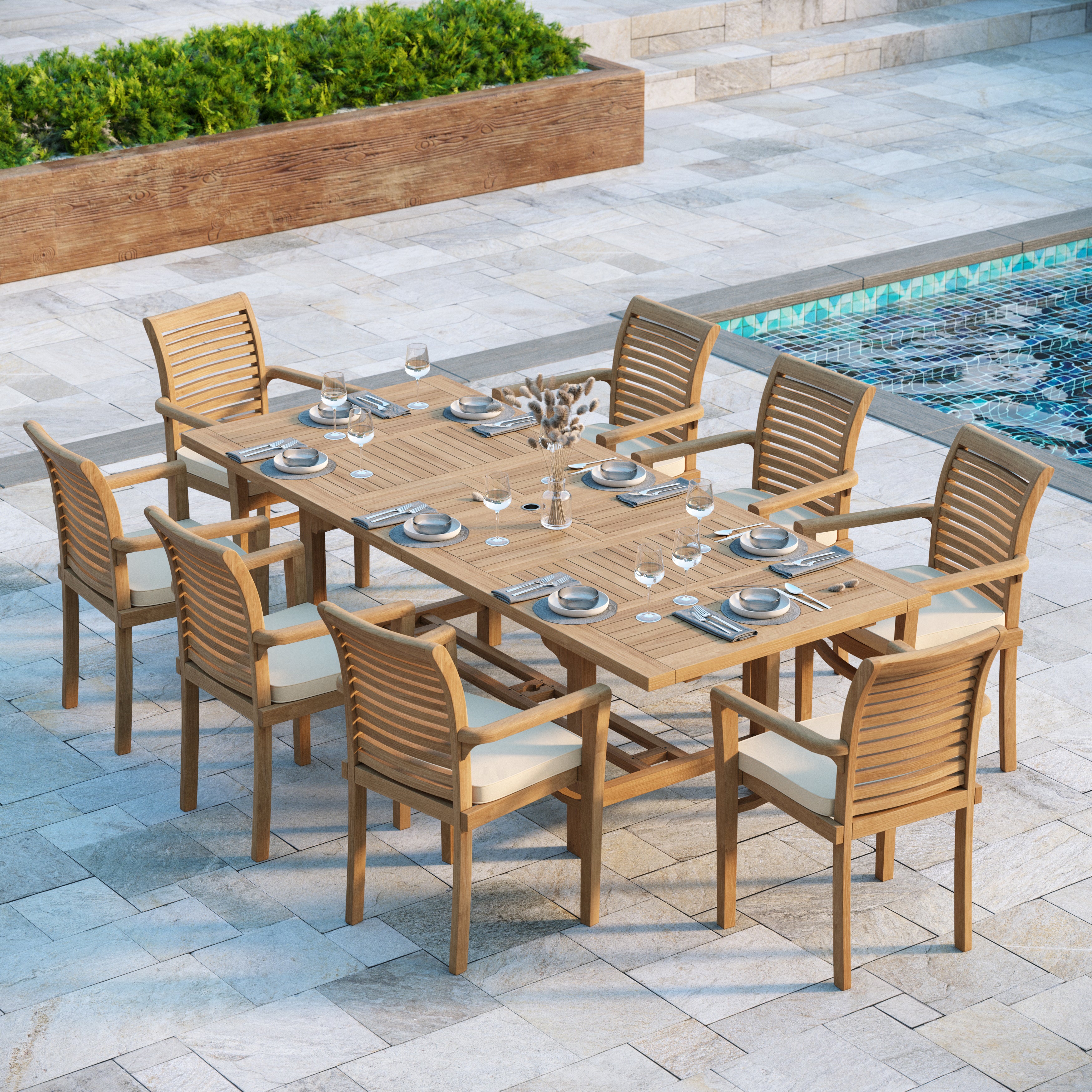 Florence Teak Rectangle 180-240cm Extending Table 4cm Top with 8 Oxford Stacking Chairs