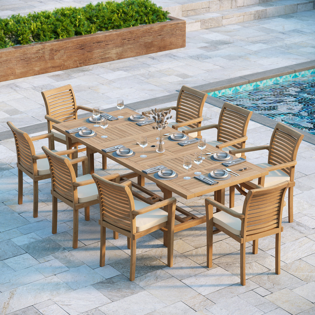 Florence Teak Rectangle 180-240cm Extending Table 4cm Top with 8 Oxford Stacking Chairs