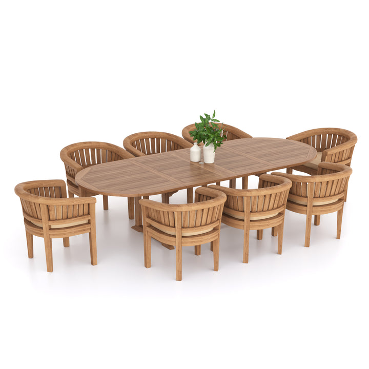 Valetta Teak Set Oval 2-3m Extending Table 4cm Top (8 San Francisco Chairs) Cushions included.