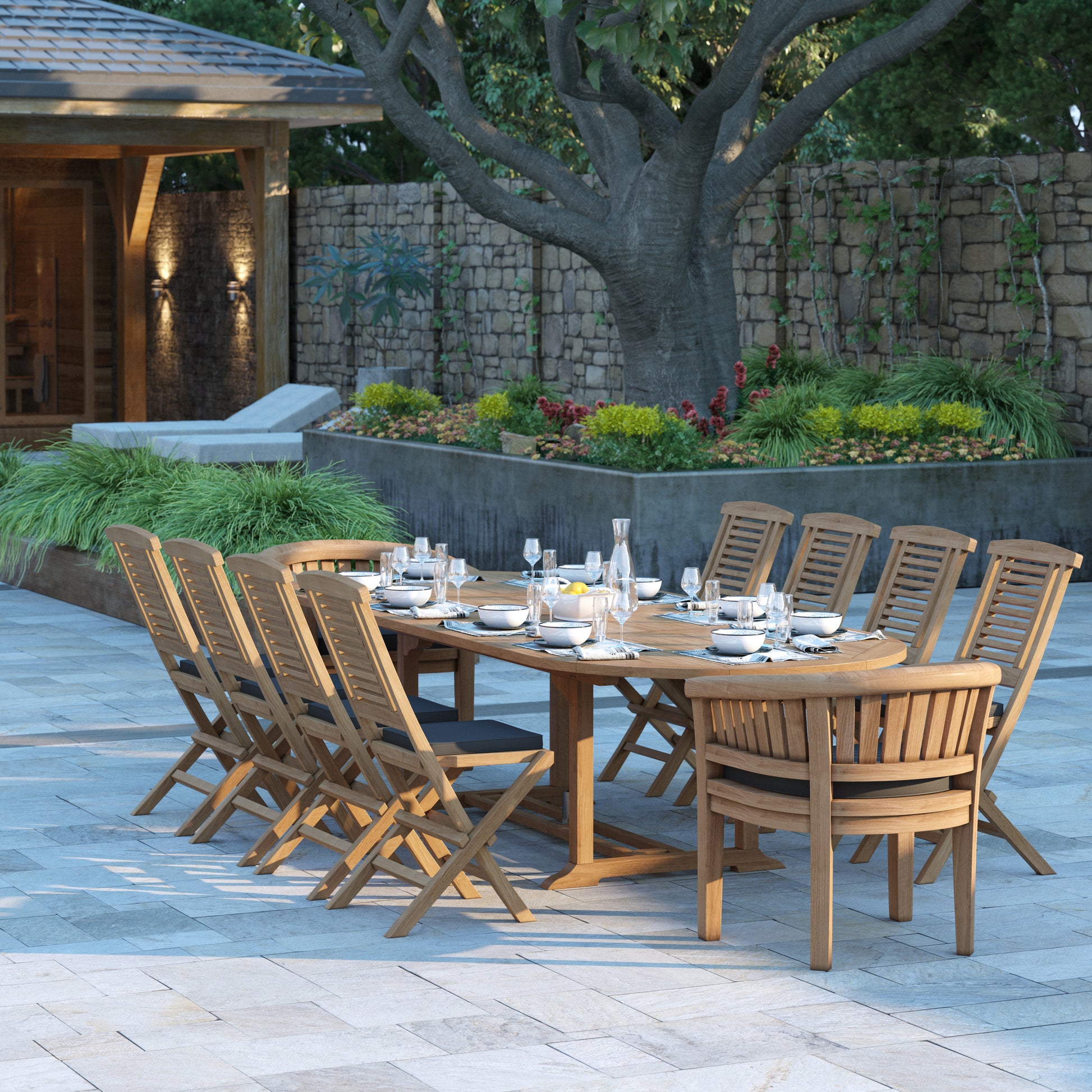 Palermo Teak 200-300cm Oval Extending Table 4cm Top (8 Hampton Folding Chairs, 2 San Francisco Chairs) Cushions included.