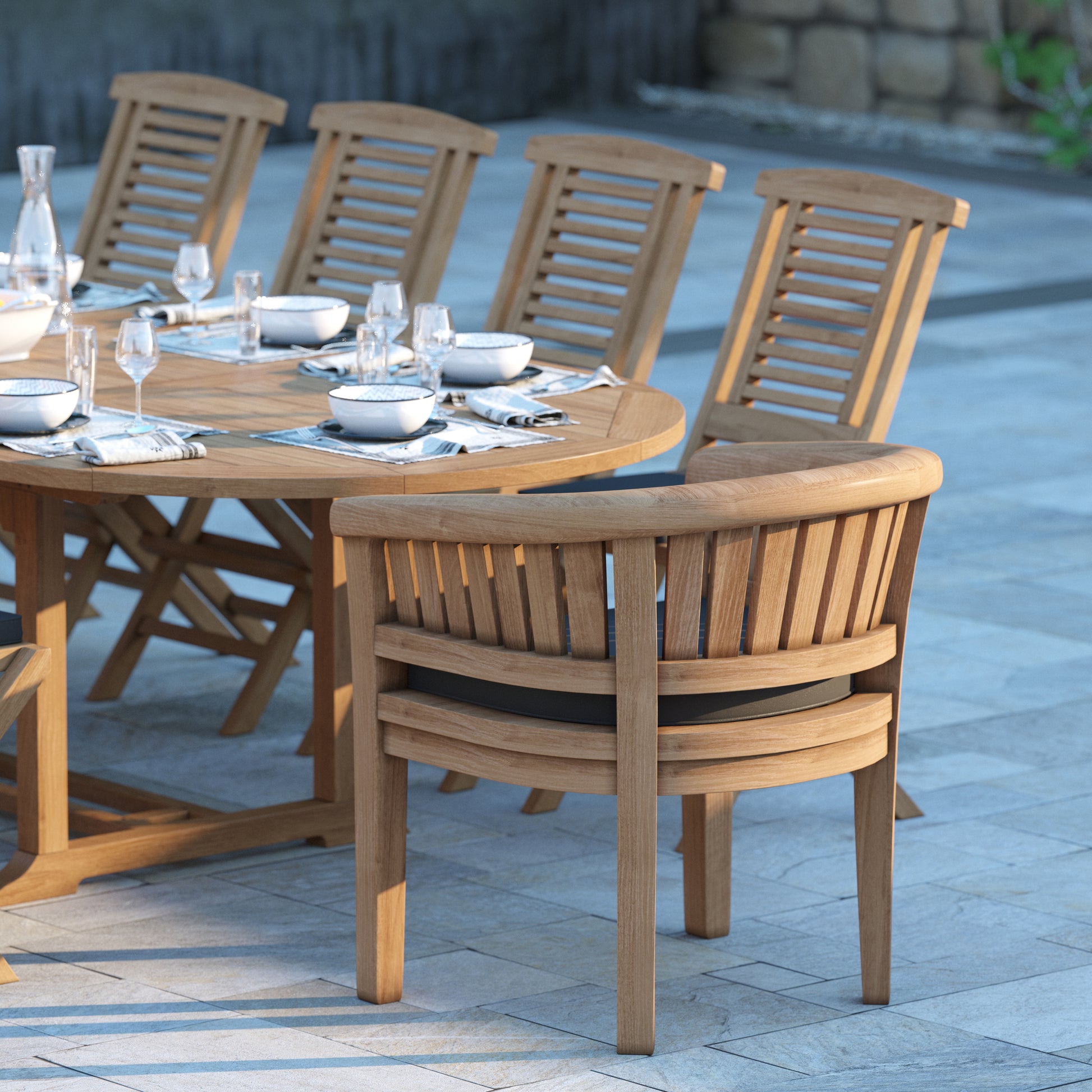 Palermo Teak 200-300cm Oval Extending Table 4cm Top (8 Hampton Folding Chairs, 2 San Francisco Chairs) Cushions included.