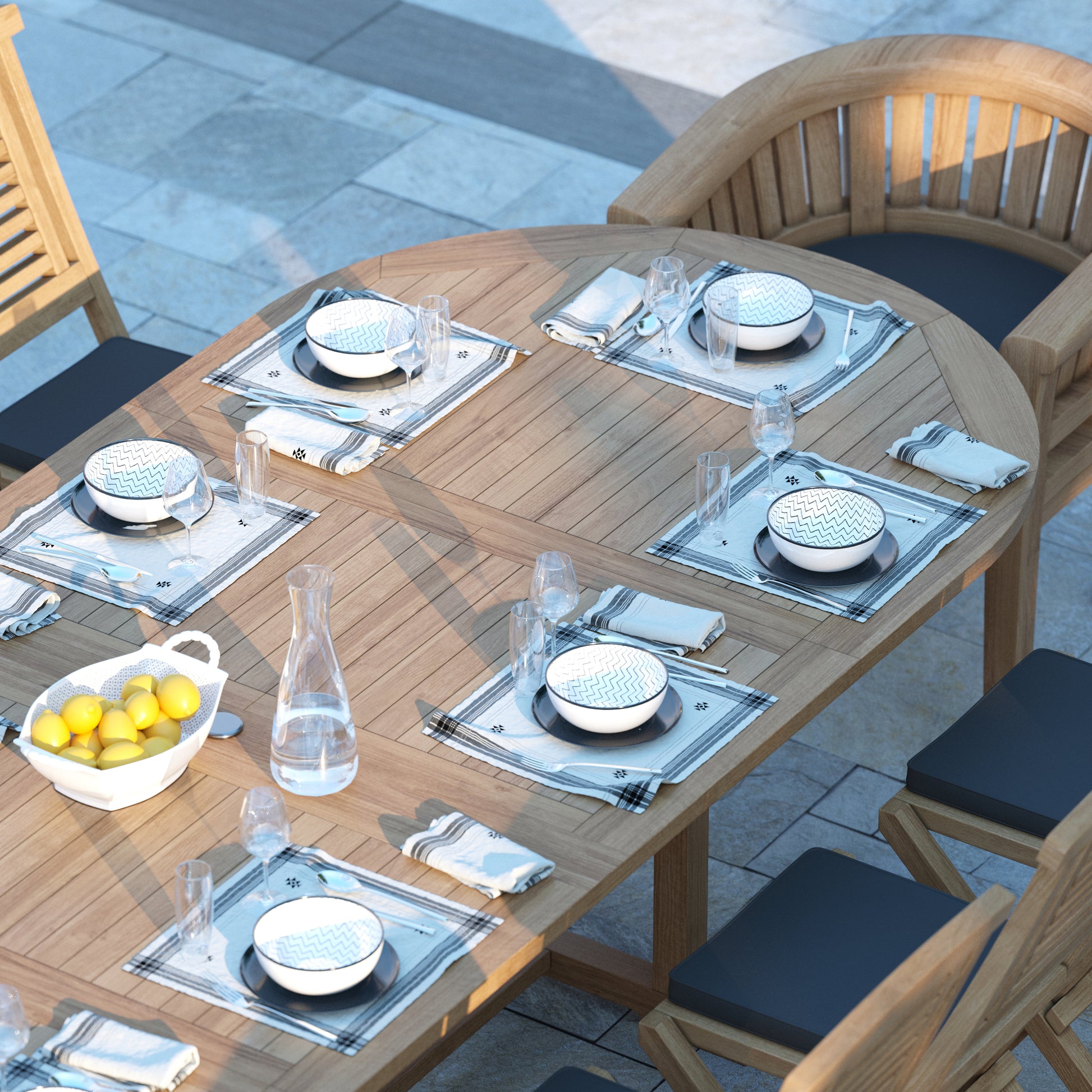 Palermo Teak 200-300cm Oval Extending Table 4cm Top (8 Hampton Folding Chairs, 2 San Francisco Chairs) Cushions included.