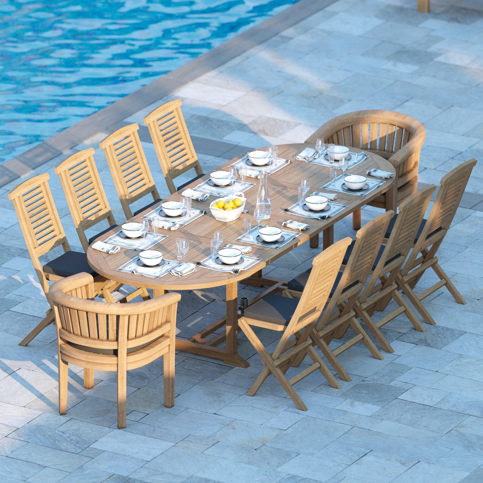 Palermo Teak 200-300cm Oval Extending Table 4cm Top (8 Hampton Folding Chairs, 2 San Francisco Chairs) Cushions included.