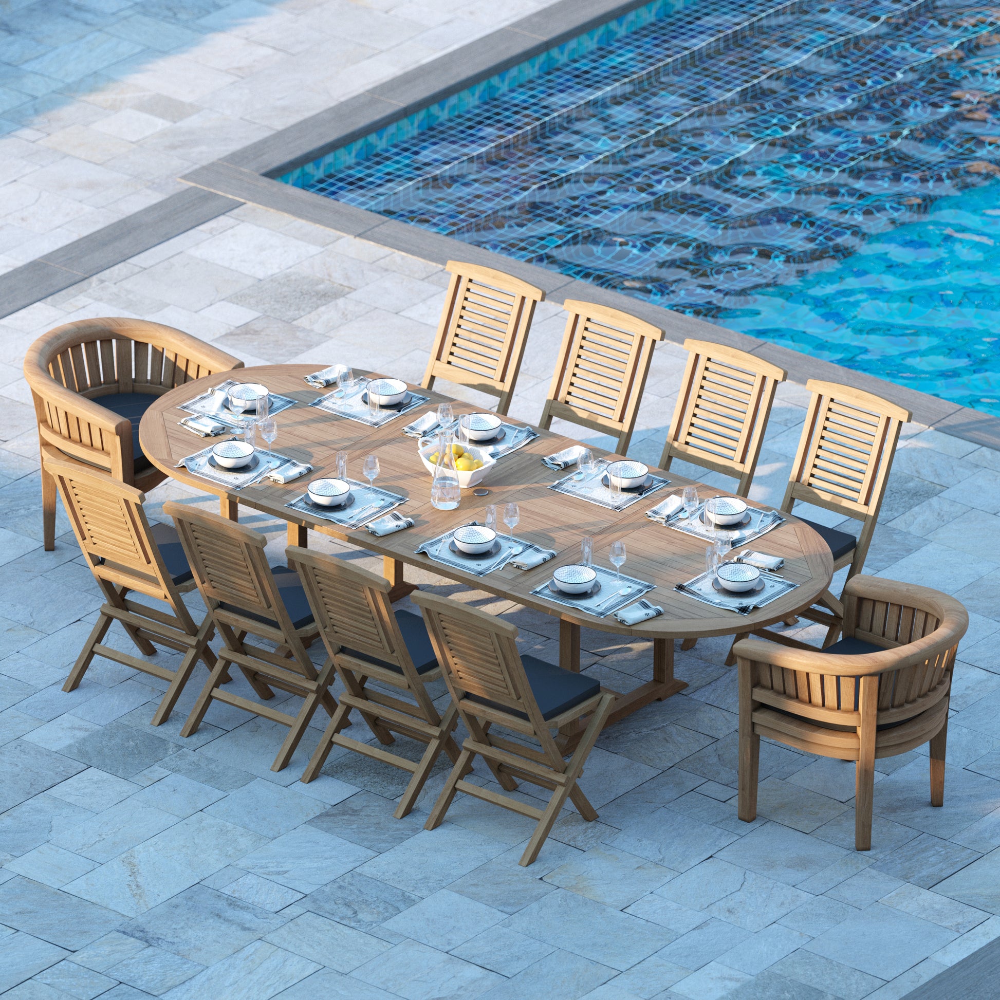 Palermo Teak 200-300cm Oval Extending Table 4cm Top (8 Hampton Folding Chairs, 2 San Francisco Chairs) Cushions included.