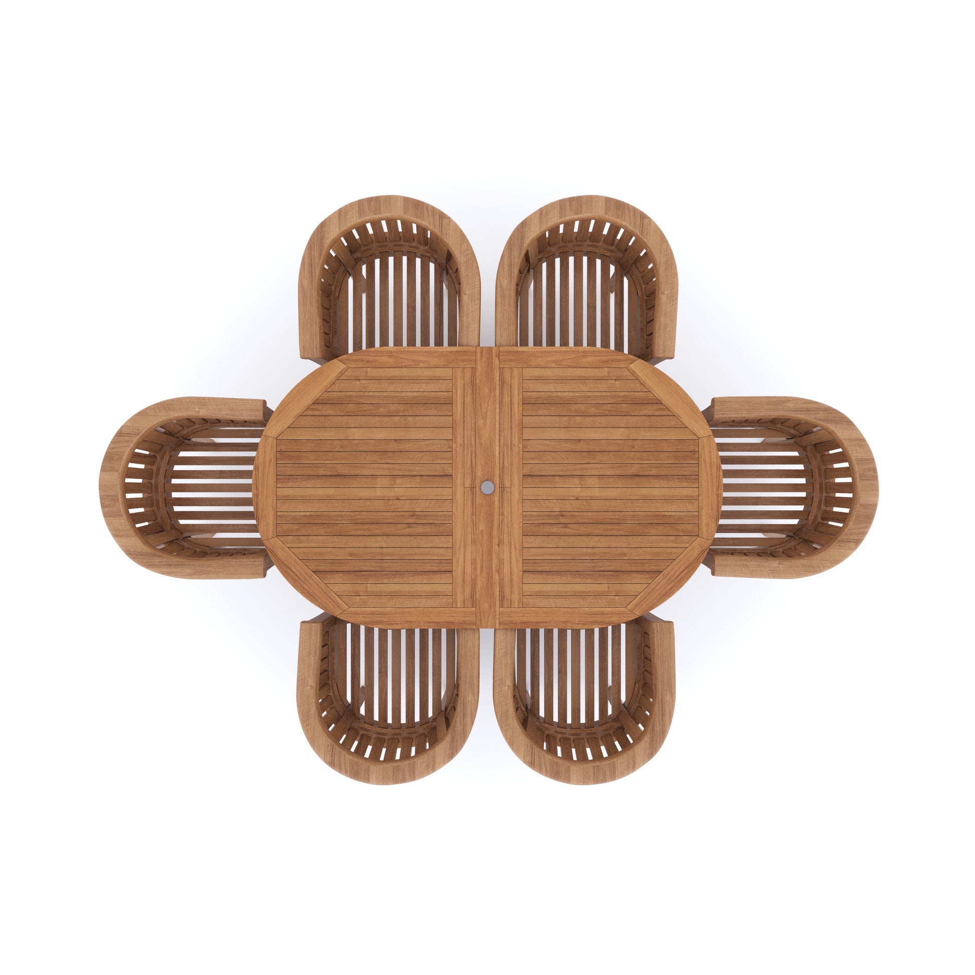 Top view of  Teak Round to Oval 120-170cm Extending Table with 6 San Francisco Chairs Cushions included.