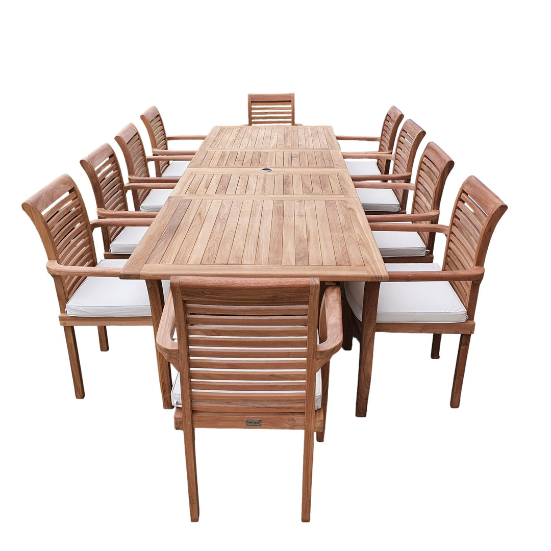 This is Eterna Homes sustainable teak garden furniture outdoor dining set consisting of our 2-3m teak dining table, 10 teak stacking chairs and cushions. All of our teak wood is suitable for outdoor dining. 