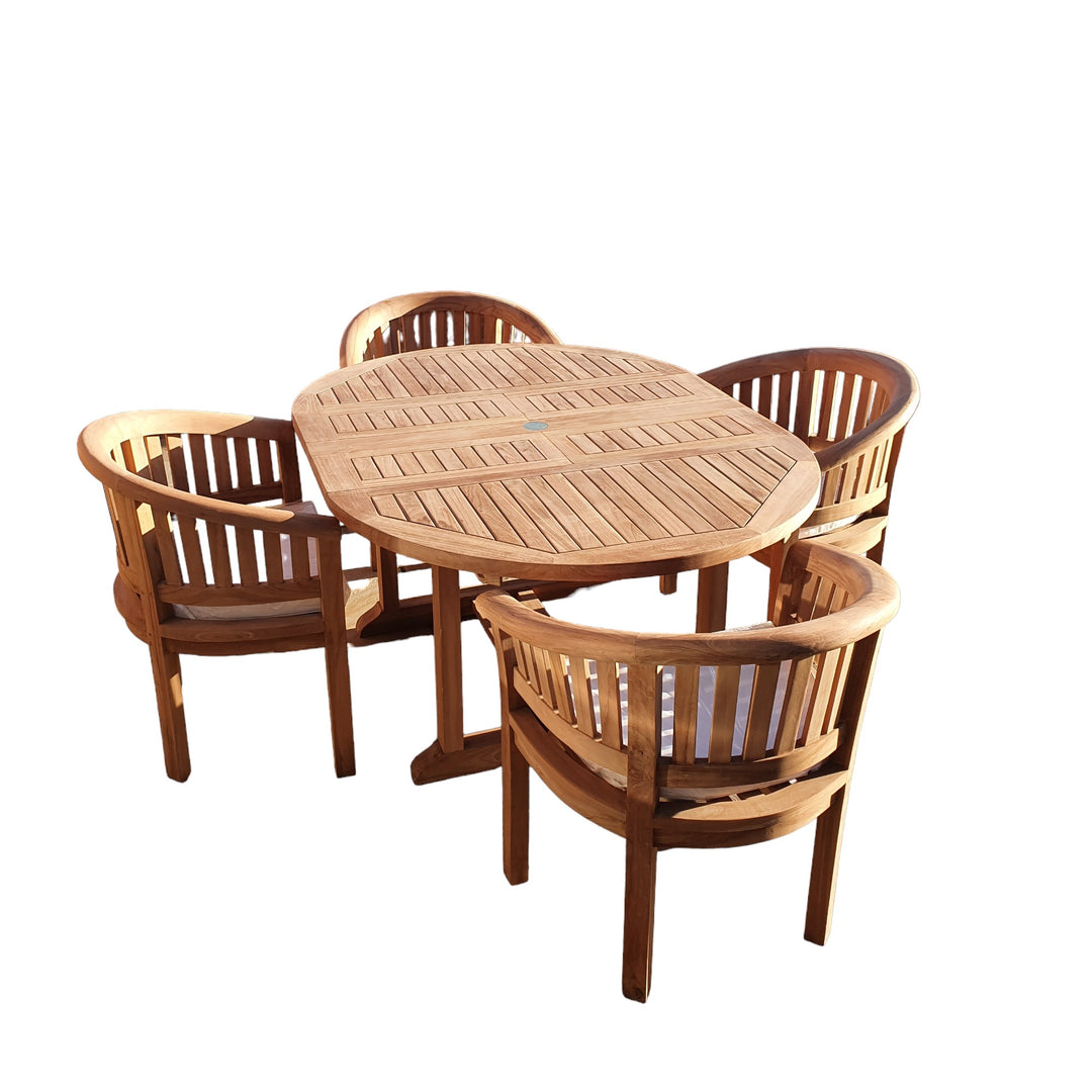 This is Eterna Homes sustainable teak garden furniture outdoor dining set consisting of our 120-170cm teak dining table, teak chairs and cushions. All of our teak wood is suitable for outdoor dining. 