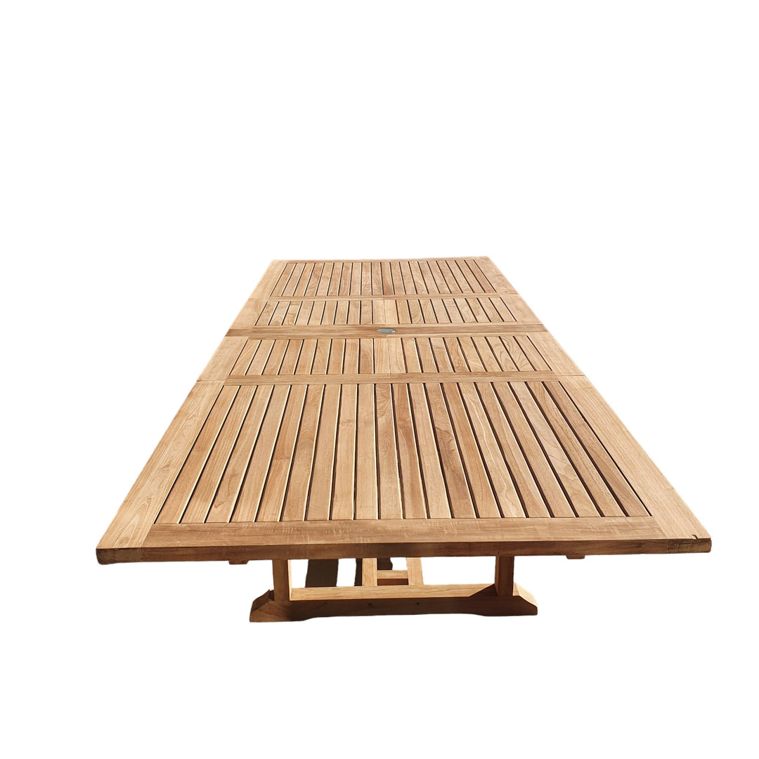 This is Eterna Homes sustainable teak garden furniture outdoor dining table, consisting of our 2-3m teak table. Our teak wood is suitable for outdoor dining.