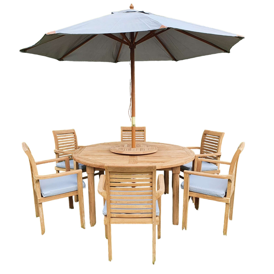 This is Eterna Homes sustainable teak garden furniture outdoor dining set consisting of our 150cm teak dining table, teak chairs and cushions. All of our teak wood is suitable for outdoor dining. 