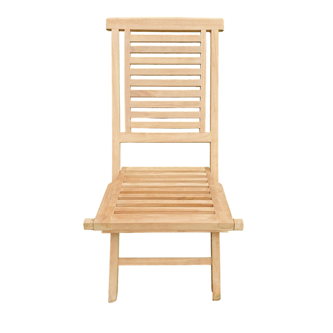 This is Eterna Homes sustainable teak garden furniture outdoor dining chairs, consisting of 1 teak folding chair and cushions. All of our teak wood is suitable for outdoor dining.