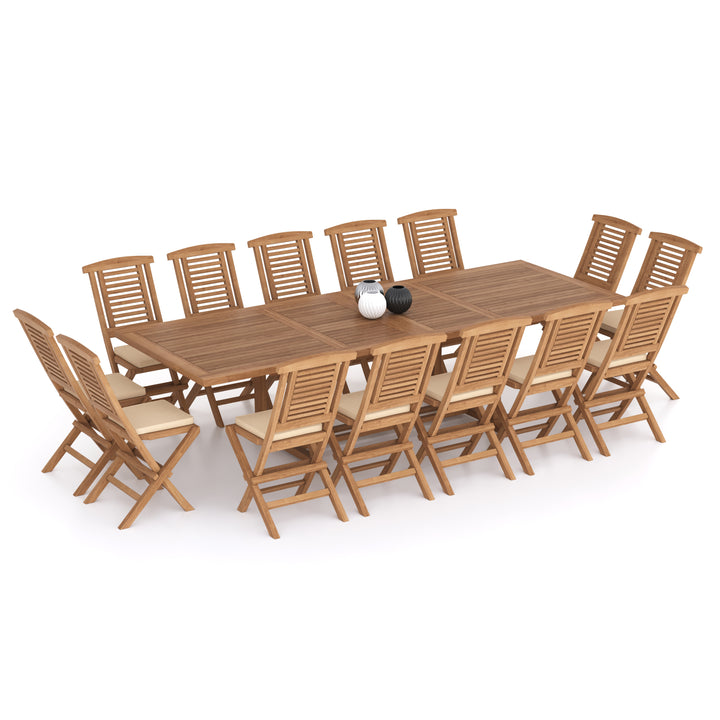 Helsinki Huge Teak Set 200-300cm Rectangle Extending Table 4cm Top (14 Hampton Folding Chairs) Cushions included.