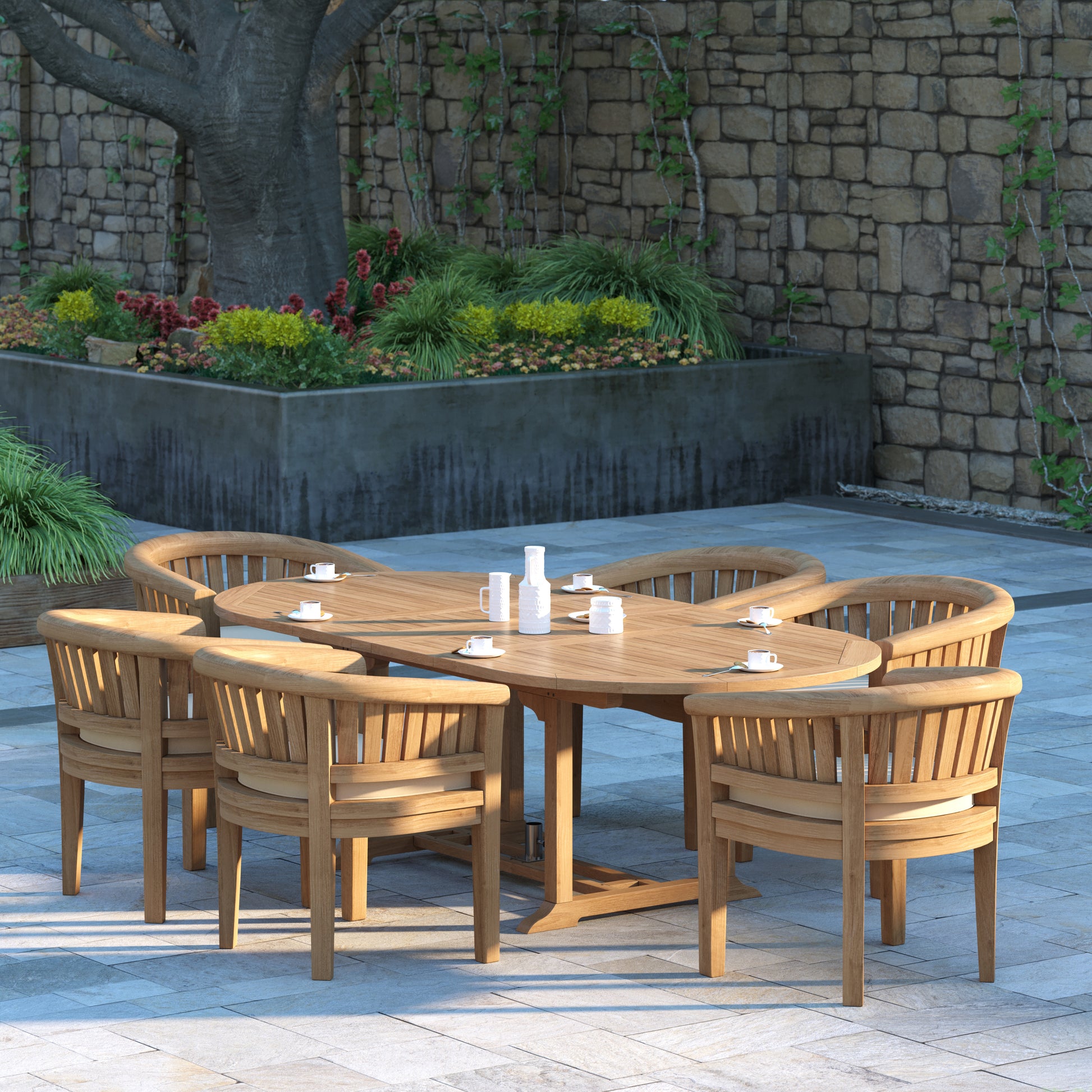 Salerno Teak Set Oval 180-240cm Extending Table 4cm Top (6 San Francisco Chairs) Cushions included.