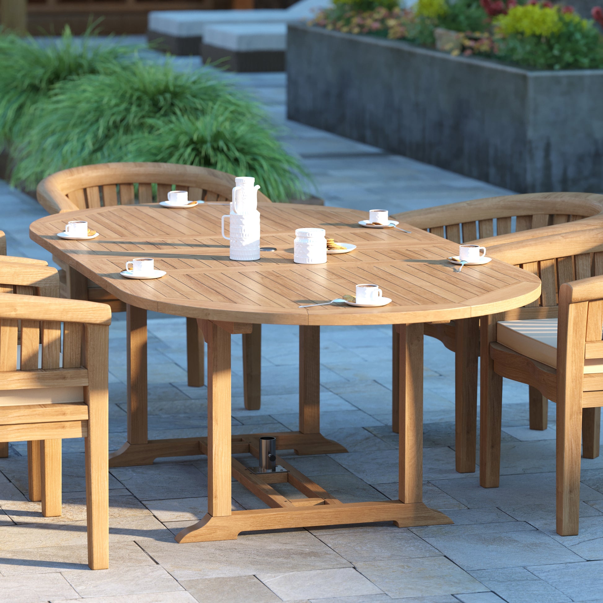 Salerno Teak Set Oval 180-240cm Extending Table 4cm Top (6 San Francisco Chairs) Cushions included.