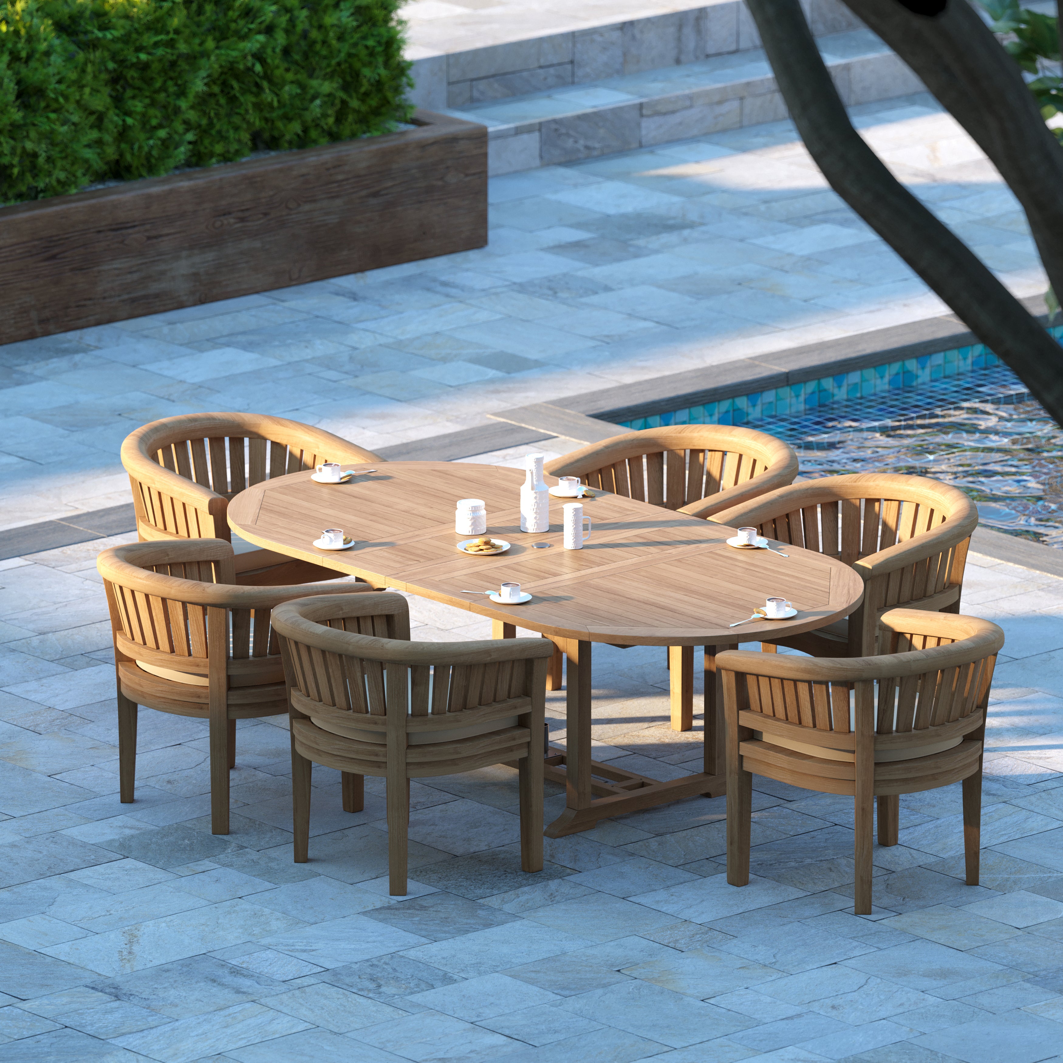 Salerno Teak Set Oval 180-240cm Extending Table 4cm Top (6 San Francisco Chairs) Cushions included.