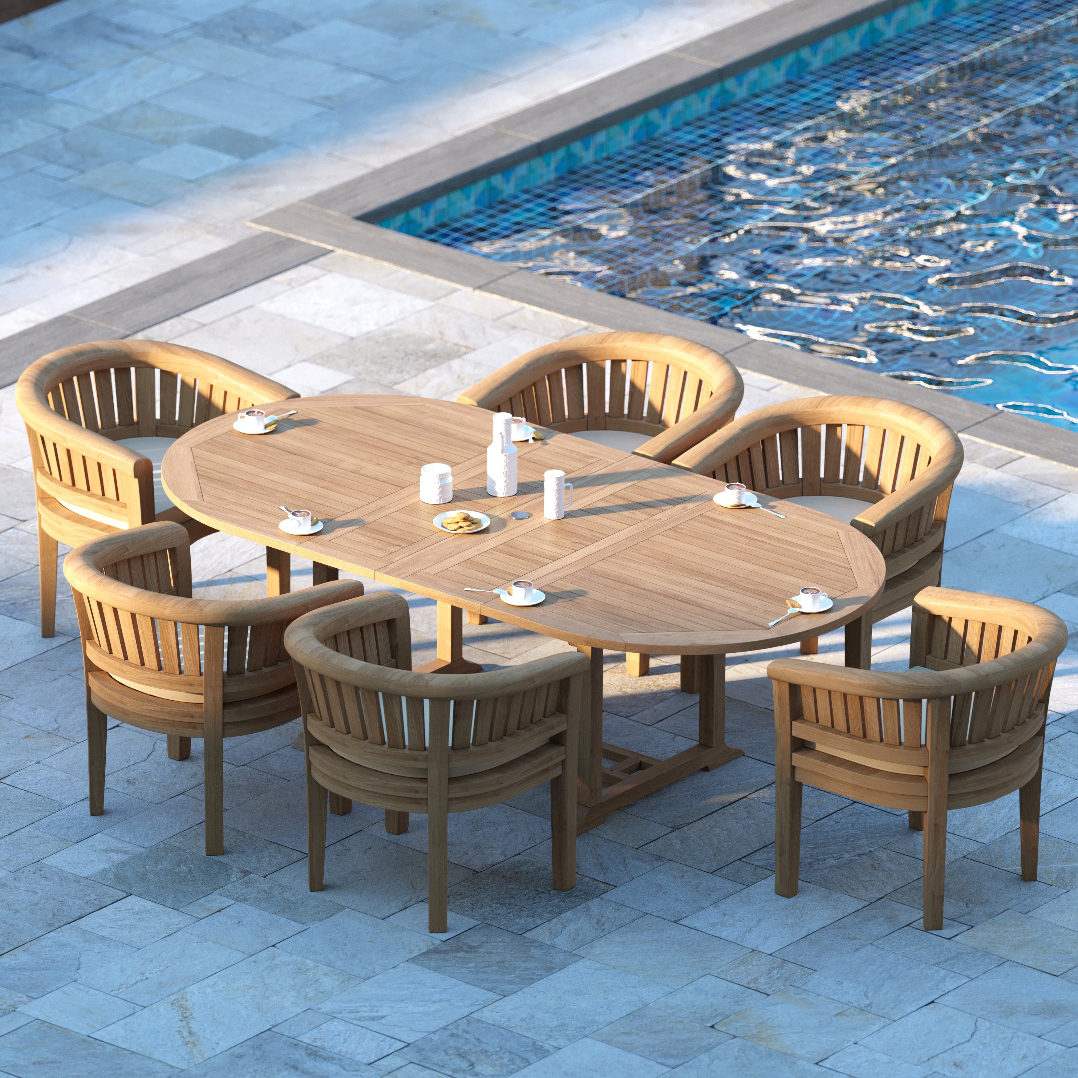 Salerno Teak Set Oval 180-240cm Extending Table 4cm Top (6 San Francisco Chairs) Cushions included.