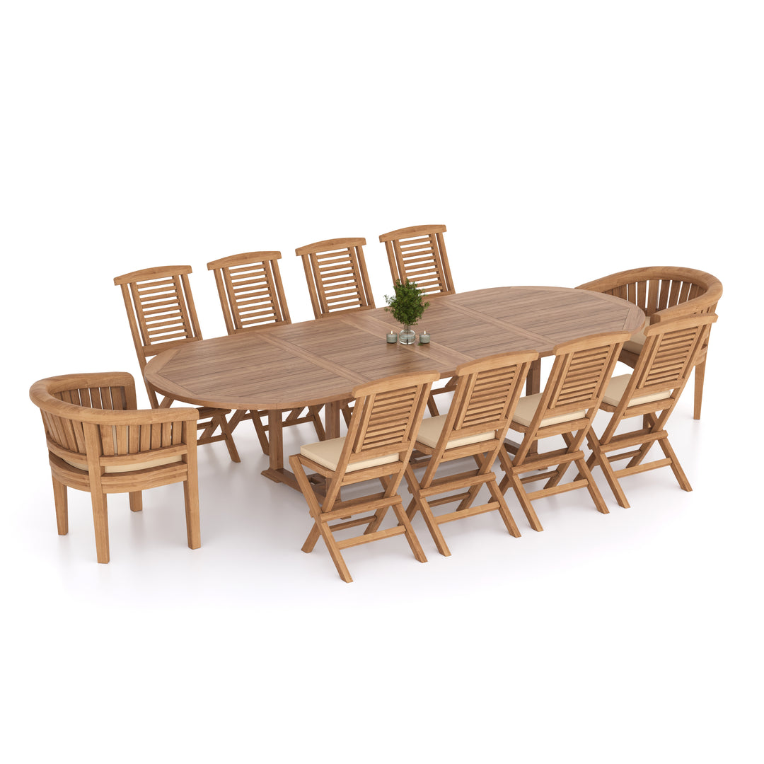 Palermo Teak 200-300cm Oval Extending Table 4cm Top (8 Hampton Folding Chairs, 2 San Francisco Chairs) Cushions included.