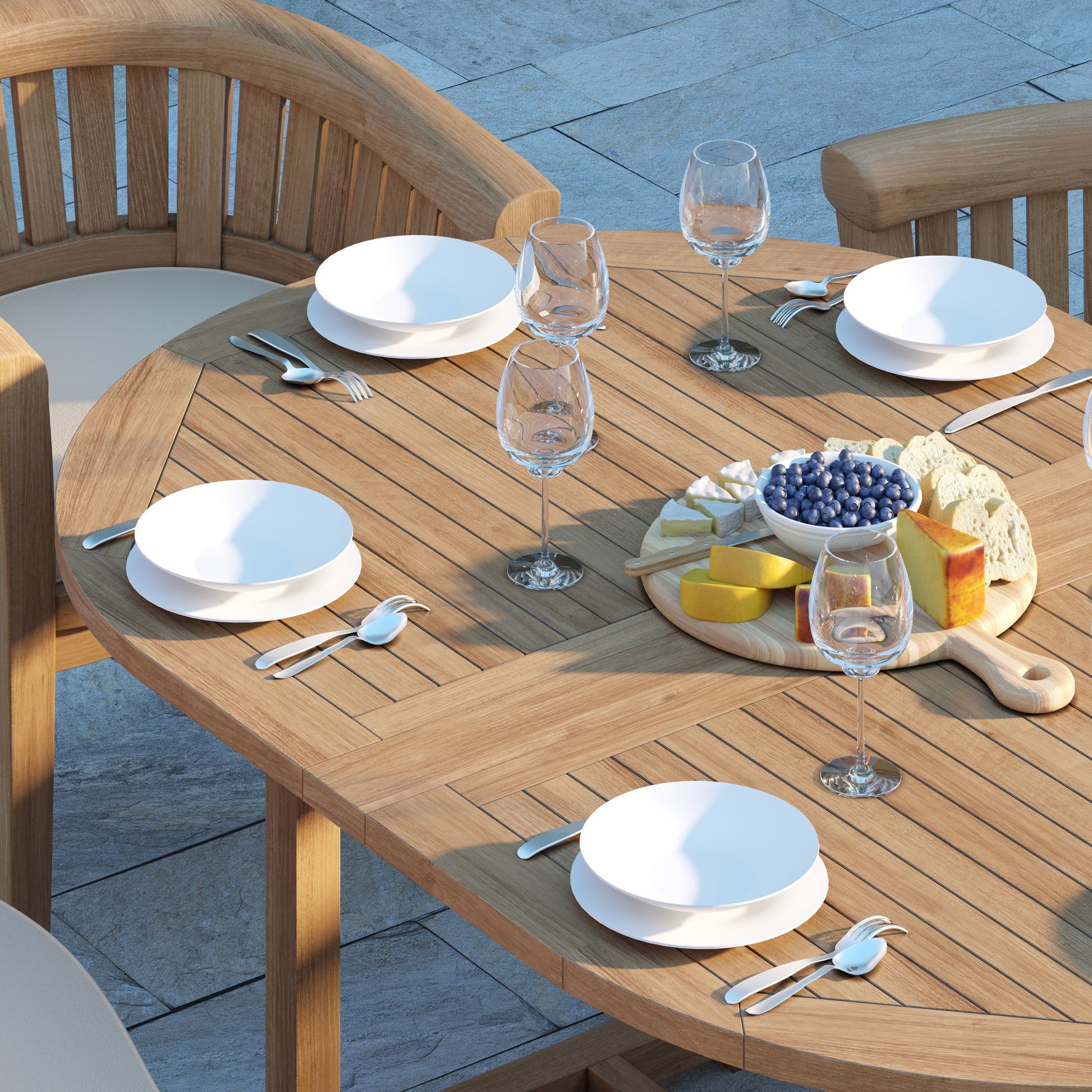 Louvre Teak Oval 180-240cm Extending Table 4cm Top (2 San Francisco Chair, 2 San Francisco Bench) Cushions included.