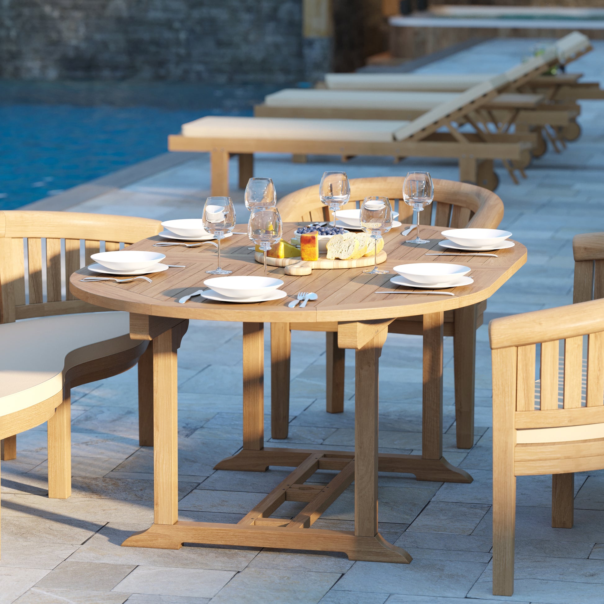 Louvre Teak Oval 180-240cm Extending Table 4cm Top (2 San Francisco Chair, 2 San Francisco Bench) Cushions included.