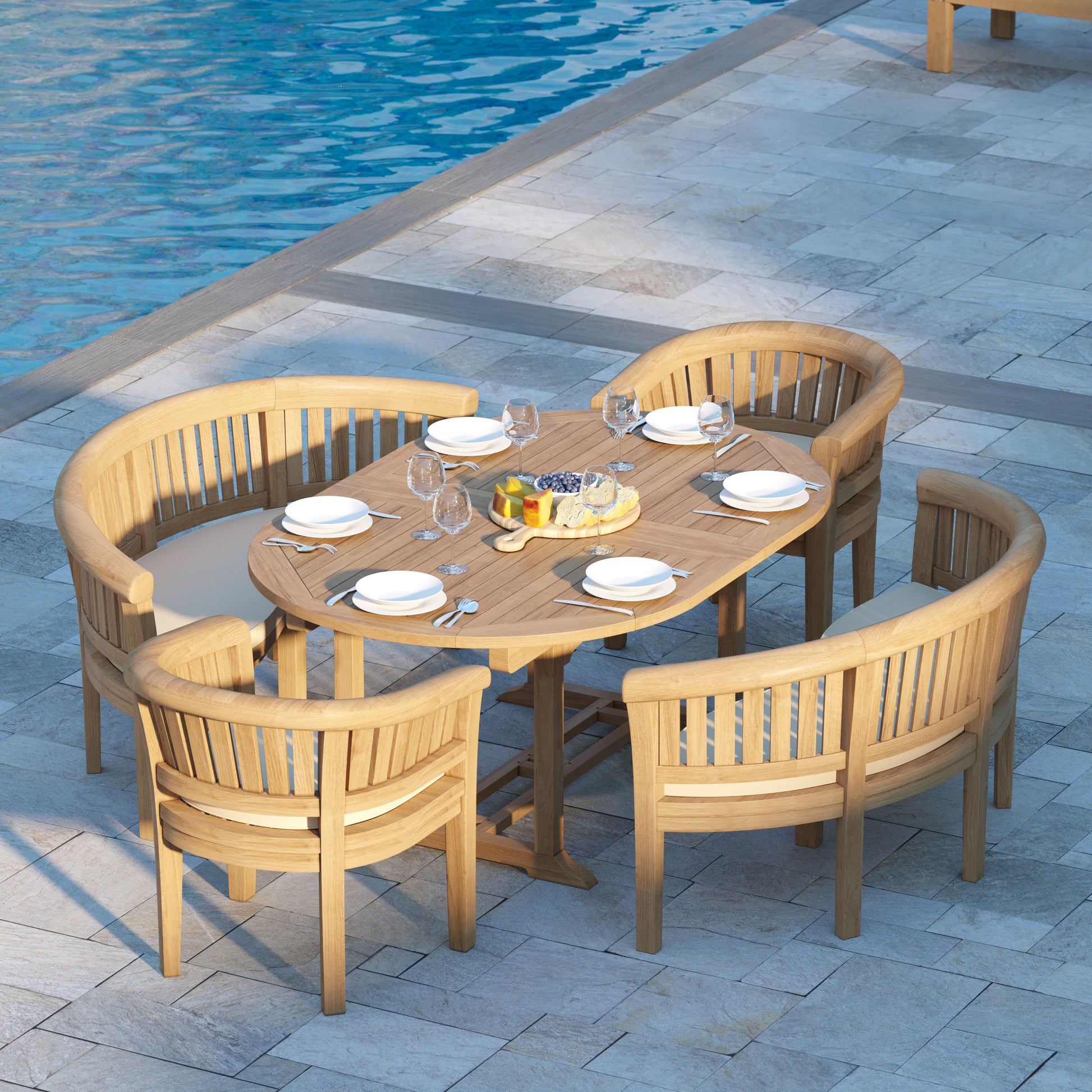 Louvre Teak Oval 180-240cm Extending Table 4cm Top (2 San Francisco Chair, 2 San Francisco Bench) Cushions included.