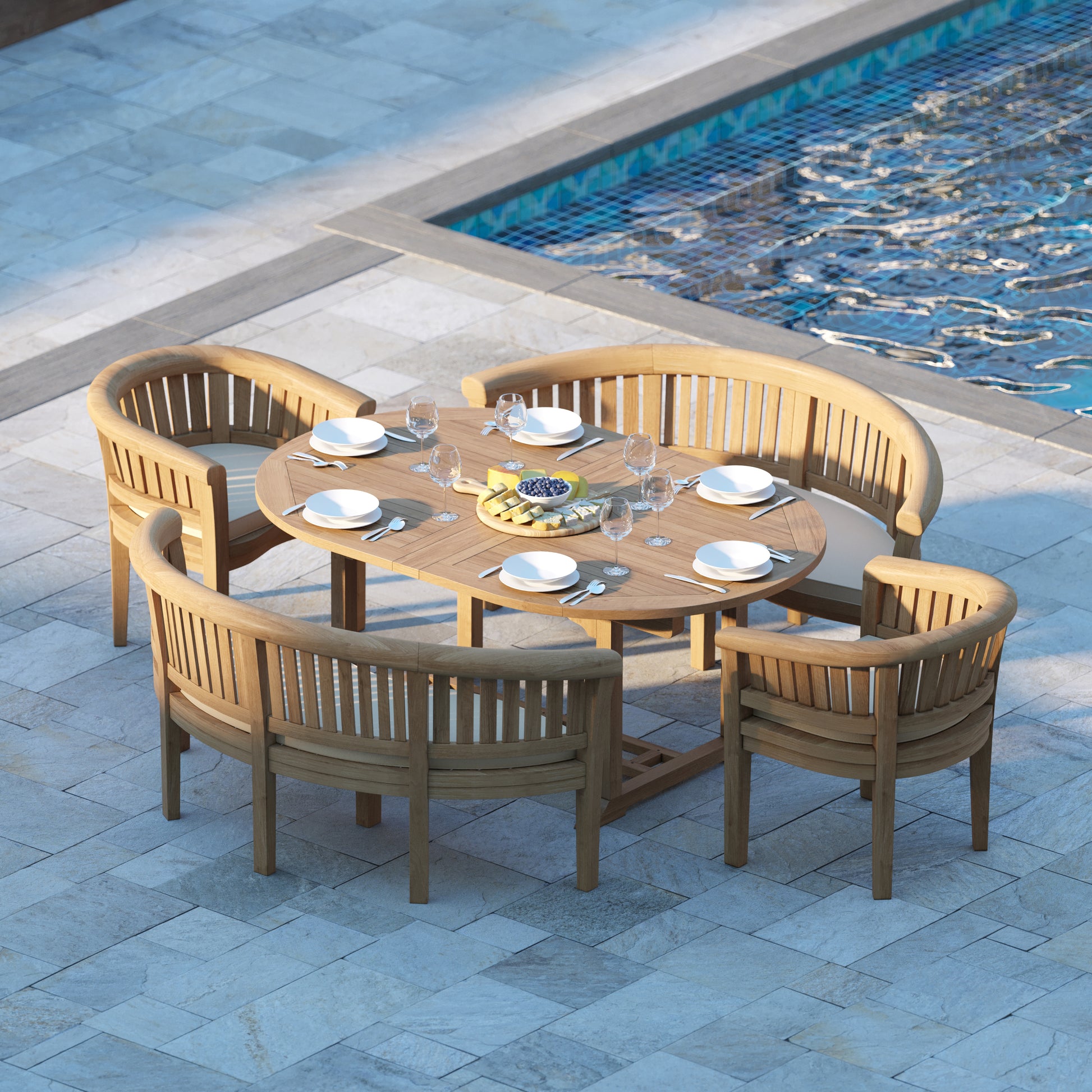 Louvre Teak Oval 180-240cm Extending Table 4cm Top (2 San Francisco Chair, 2 San Francisco Bench) Cushions included.