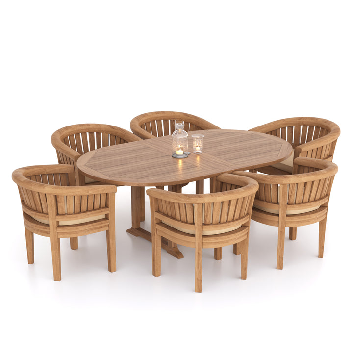 Salerno Teak Set Oval 180-240cm Extending Table 4cm Top (6 San Francisco Chairs) Cushions included.