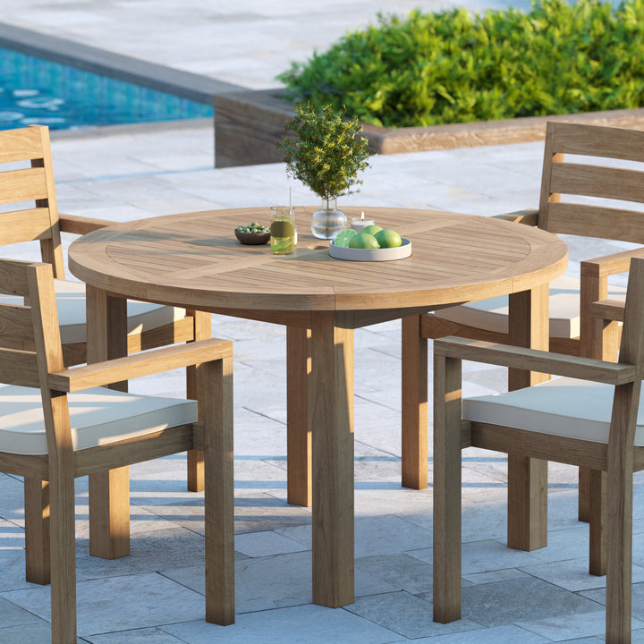 Eden Teak Set 120cm Maximus Round Fixed Table, 4cm Top (4 x Marlow Stacking Chairs) Cushions included.