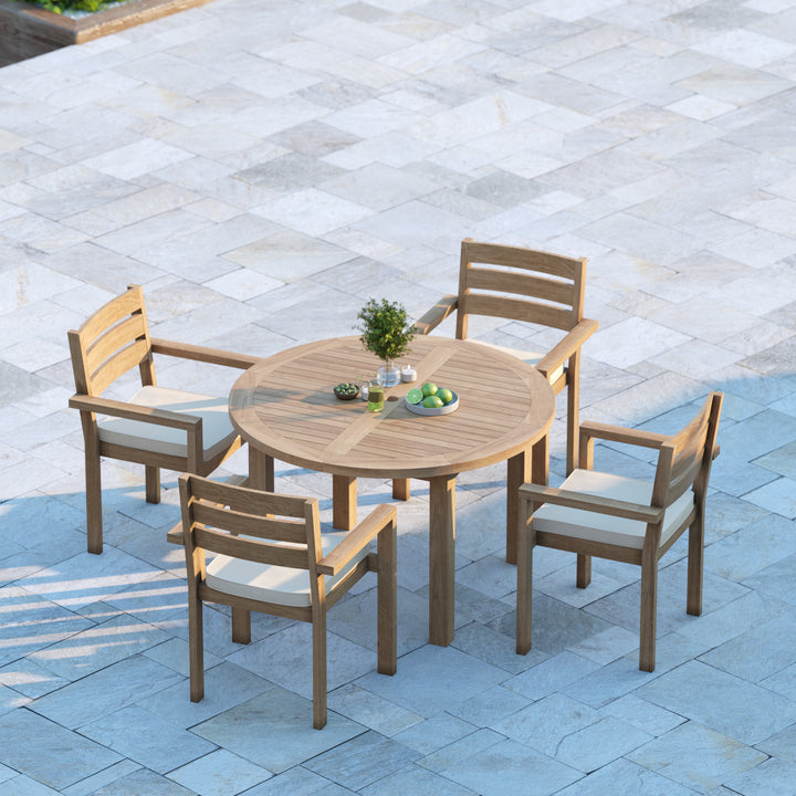 Eden Teak Set 120cm Maximus Round Fixed Table, 4cm Top (4 x Marlow Stacking Chairs) Cushions included.