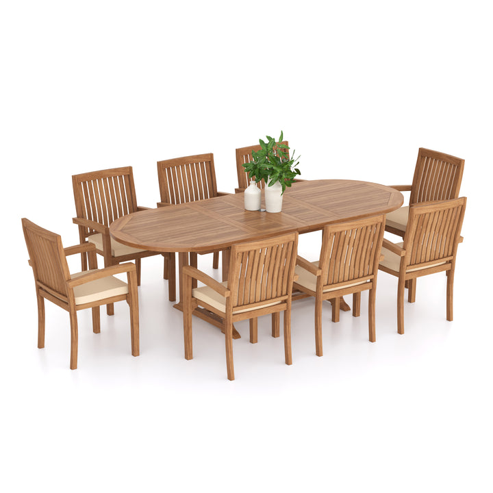 Harpa Teak Oval 180-240cm Extending Table 4cm Top (8 Henley Stacking Chairs) cushions included.