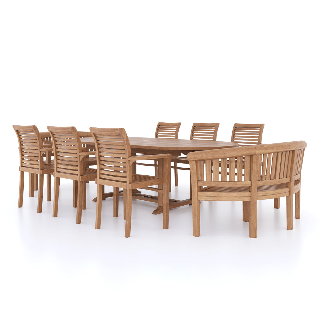 This is Eterna Homes sustainable teak garden furniture outdoor dining set consisting of our 180-240cm teak dining table, teak chairs, teak benches and cushions. All of our teak wood is suitable for outdoor dining. 