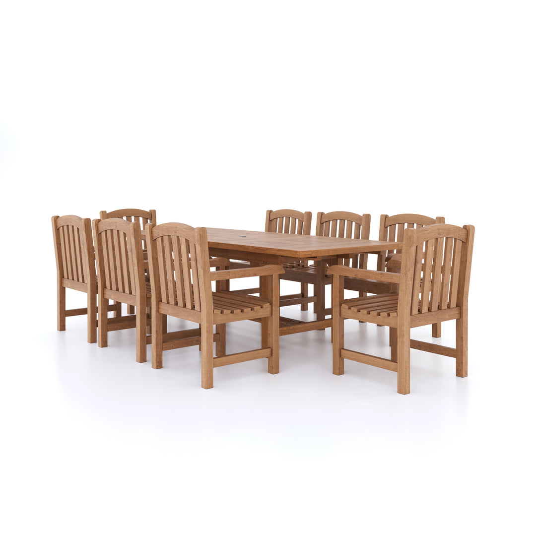 This is Eterna Homes sustainable teak garden furniture outdoor dining set consisting of our 180-240cm teak dining table, teak chairs and cushions. All of our teak wood is suitable for outdoor dining.