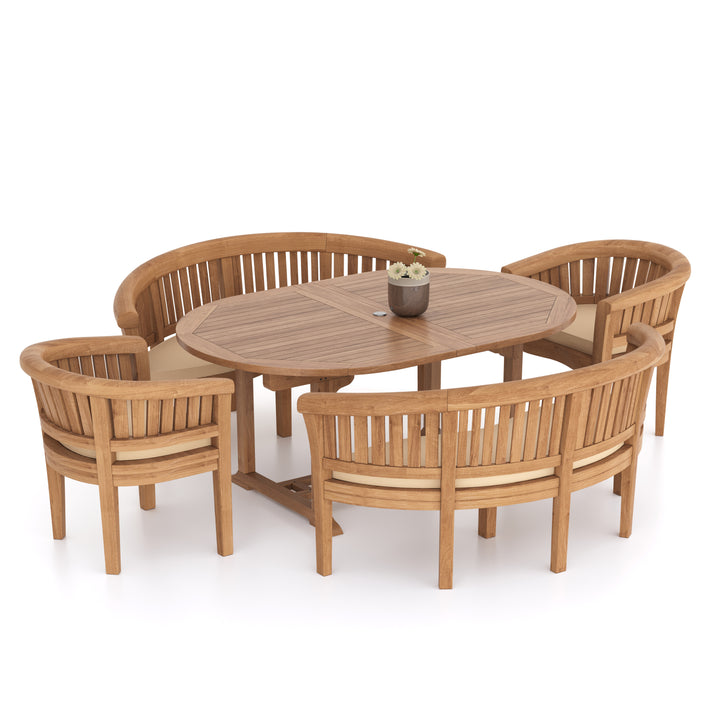 Louvre Teak Oval 180-240cm Extending Table 4cm Top (2 San Francisco Chair, 2 San Francisco Bench) Cushions included.