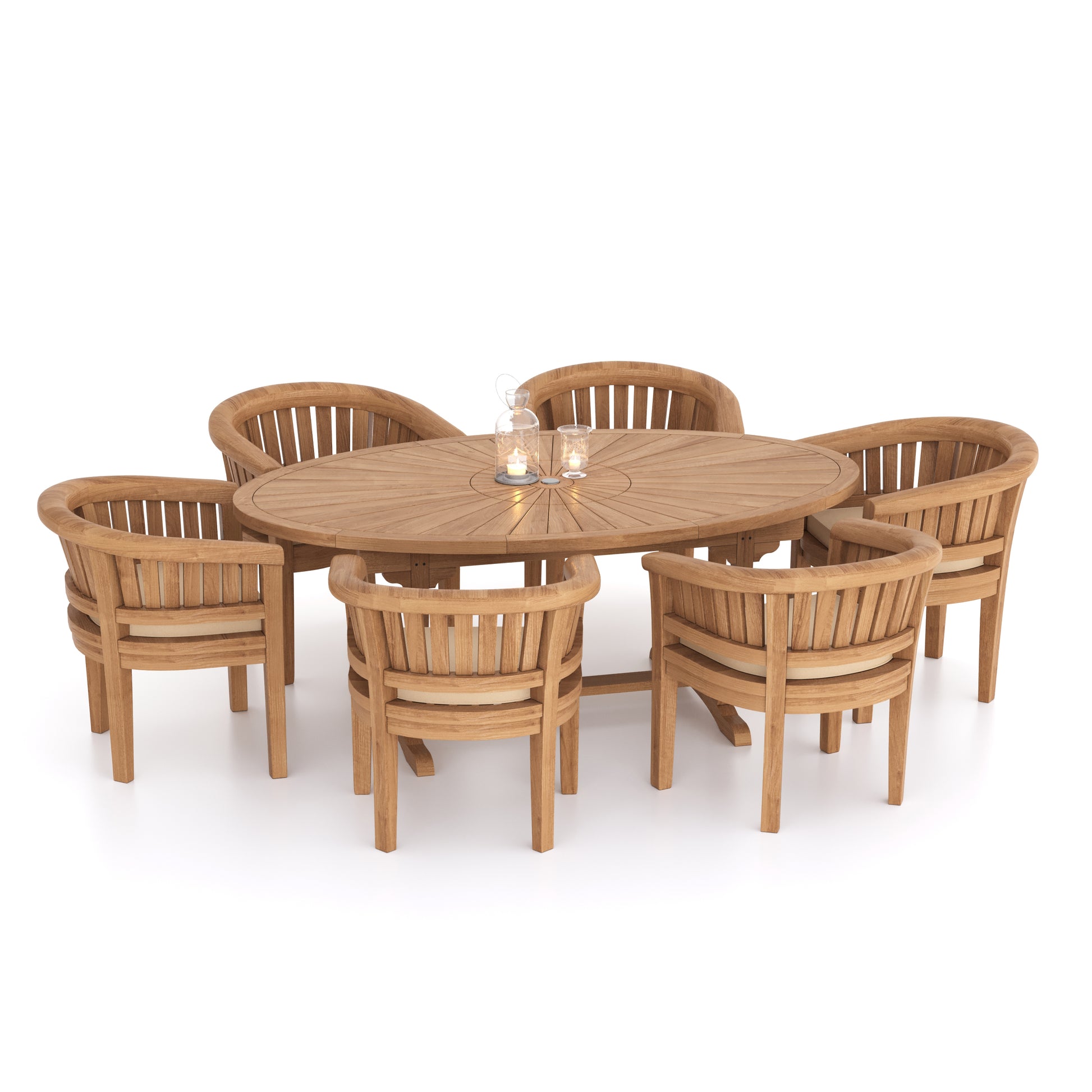 Beaulieu Teak Set 2m Sunshine table 4cm Top (with 6 San Francisco Chairs) Cushions included.